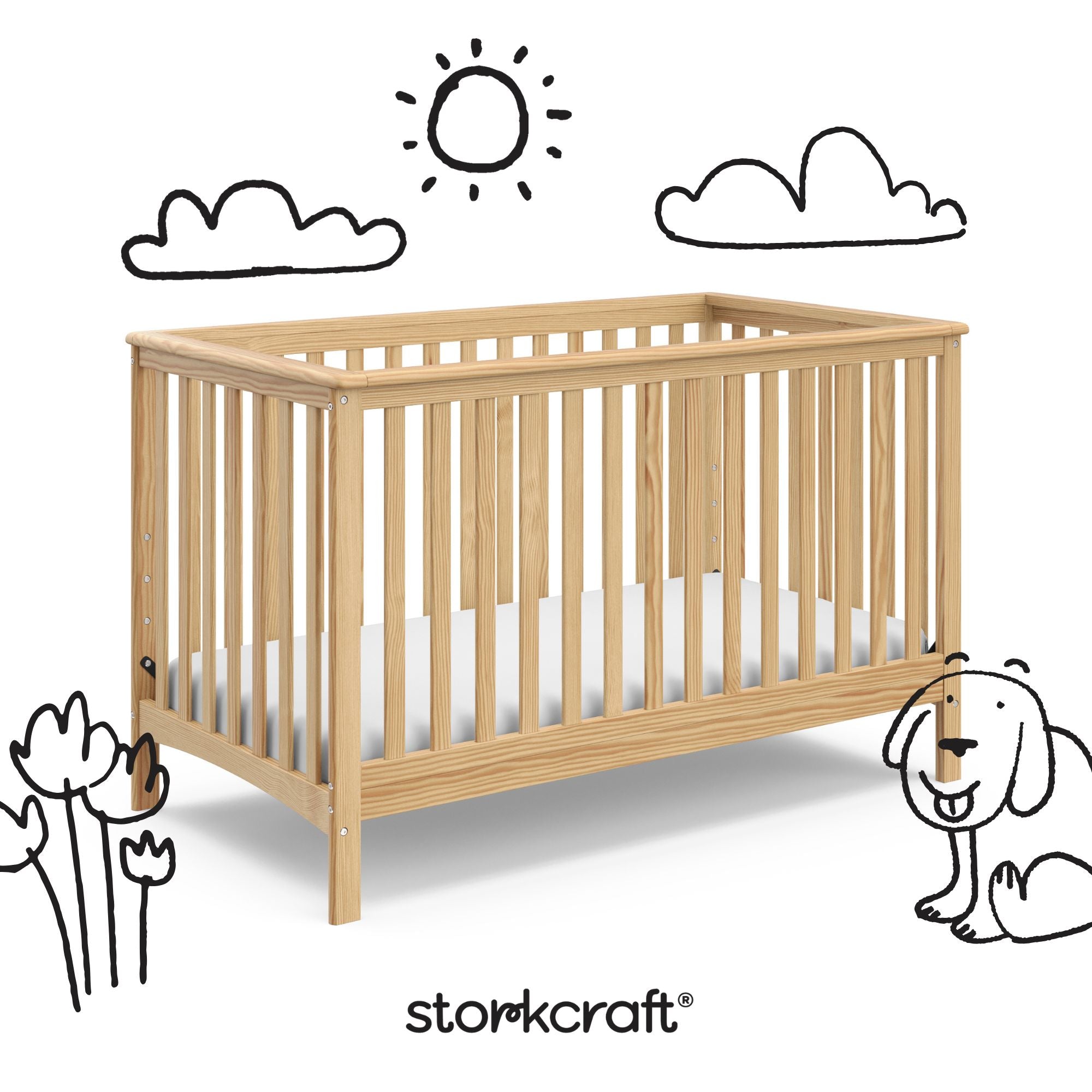 Hillcrest natural crib with black doodles overlaid on image
