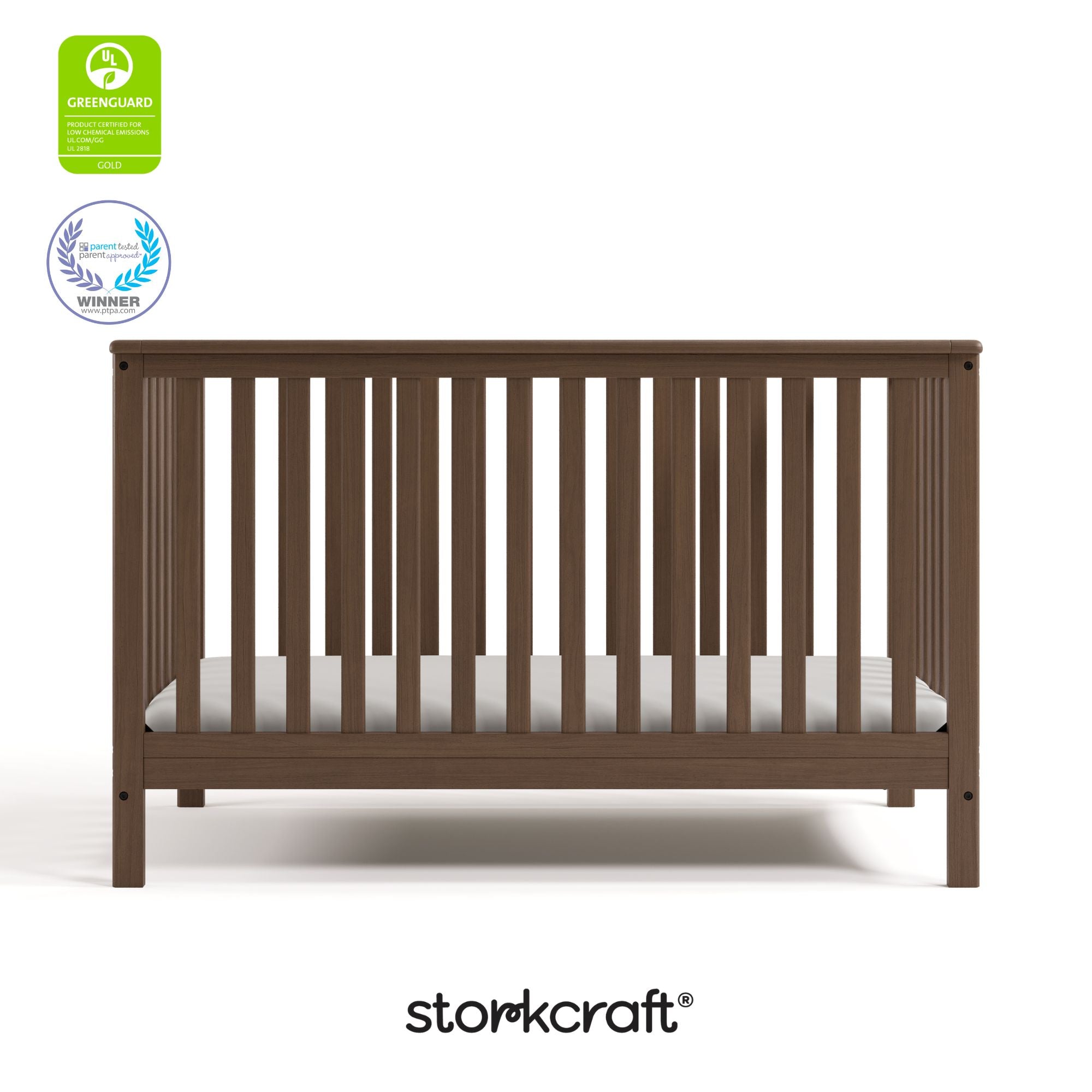 Hillcrest hazelnut crib with GGG and PTPA logo on top left