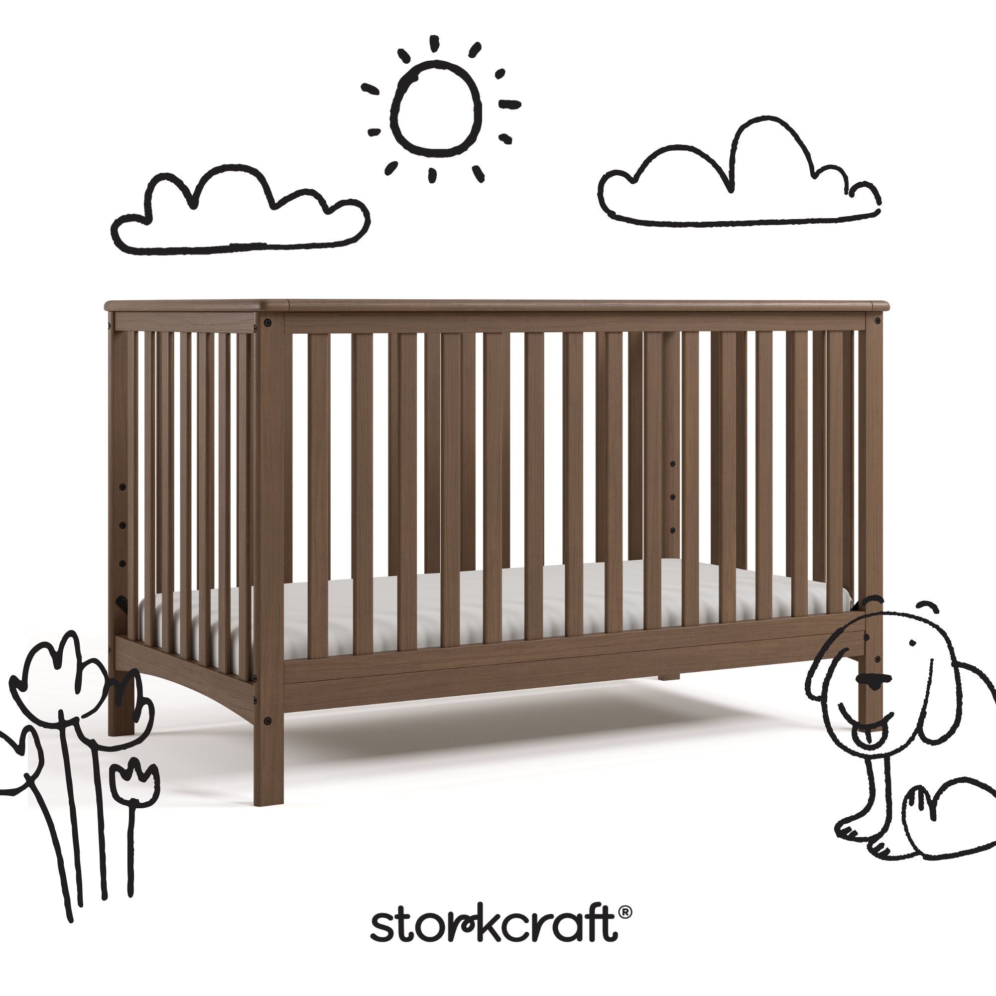 Hillcrest hazelnut crib with black doodles overlaid on image