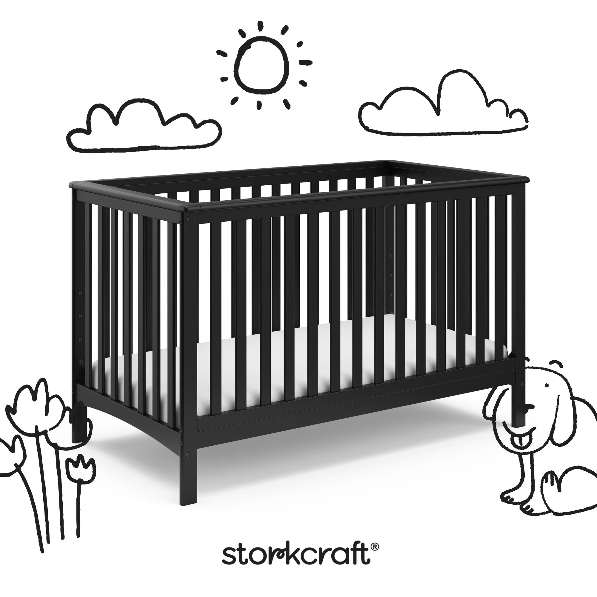 Hillcrest black crib with black doodles overlaid on image