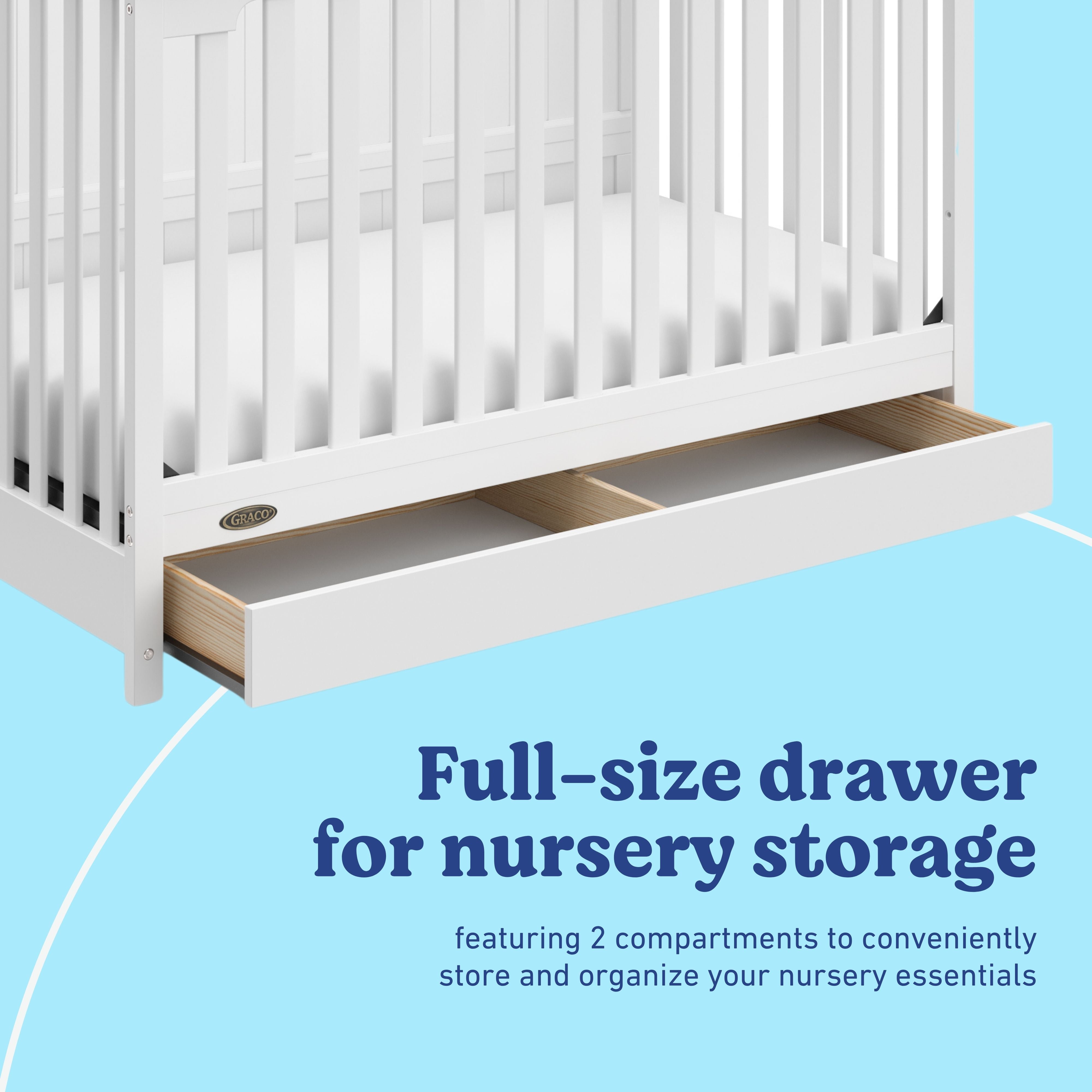 Hadley white crib with drawer full-size drawer callout