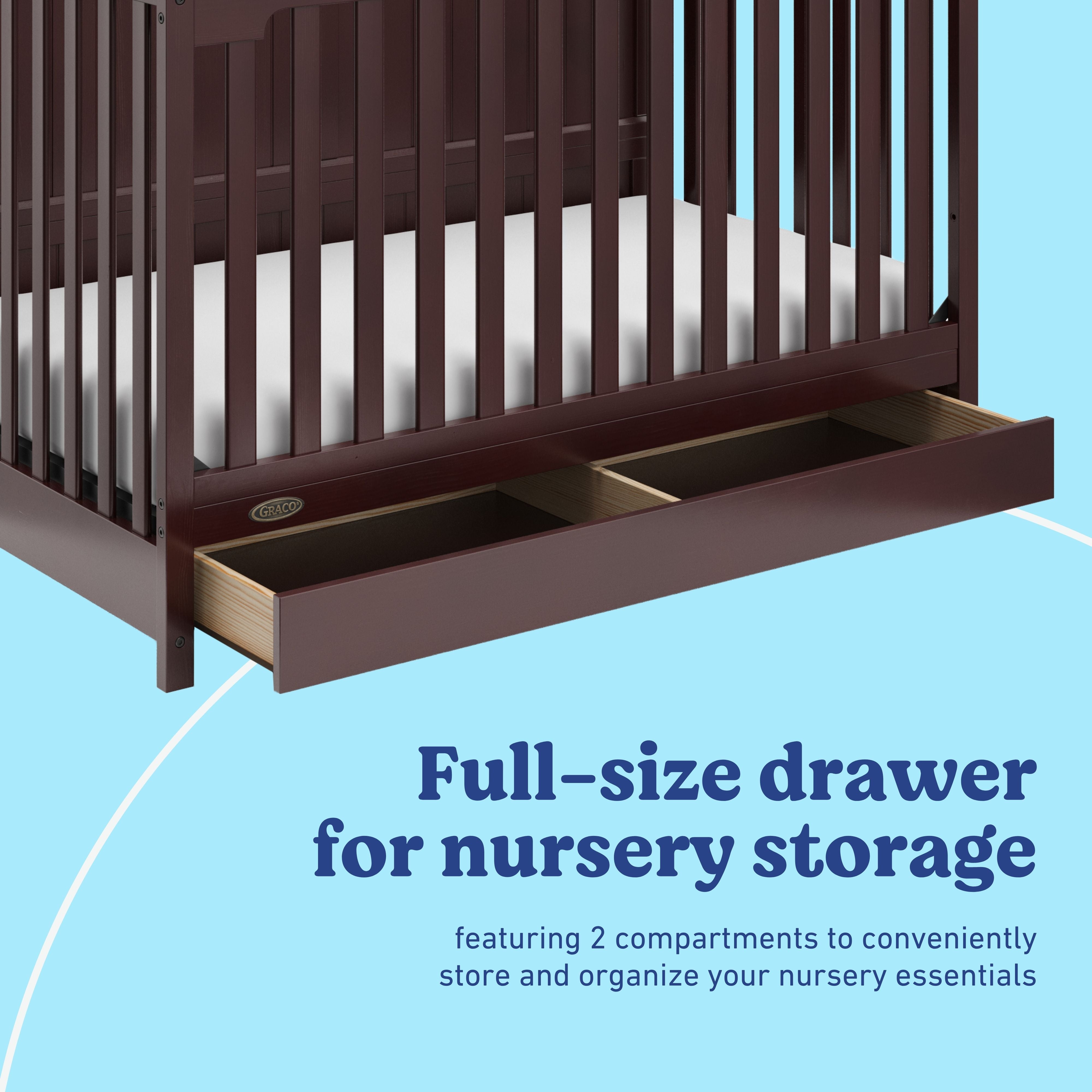 Hadley espresso crib with drawer full-size drawer callout