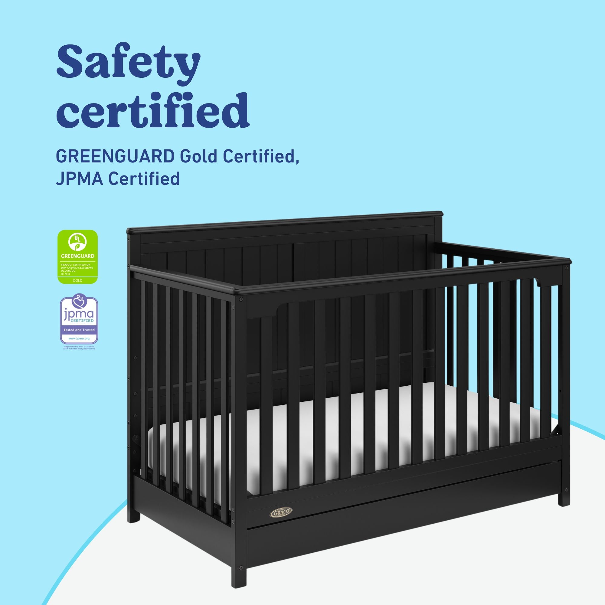 Hadley black crib with drawer certifications callout