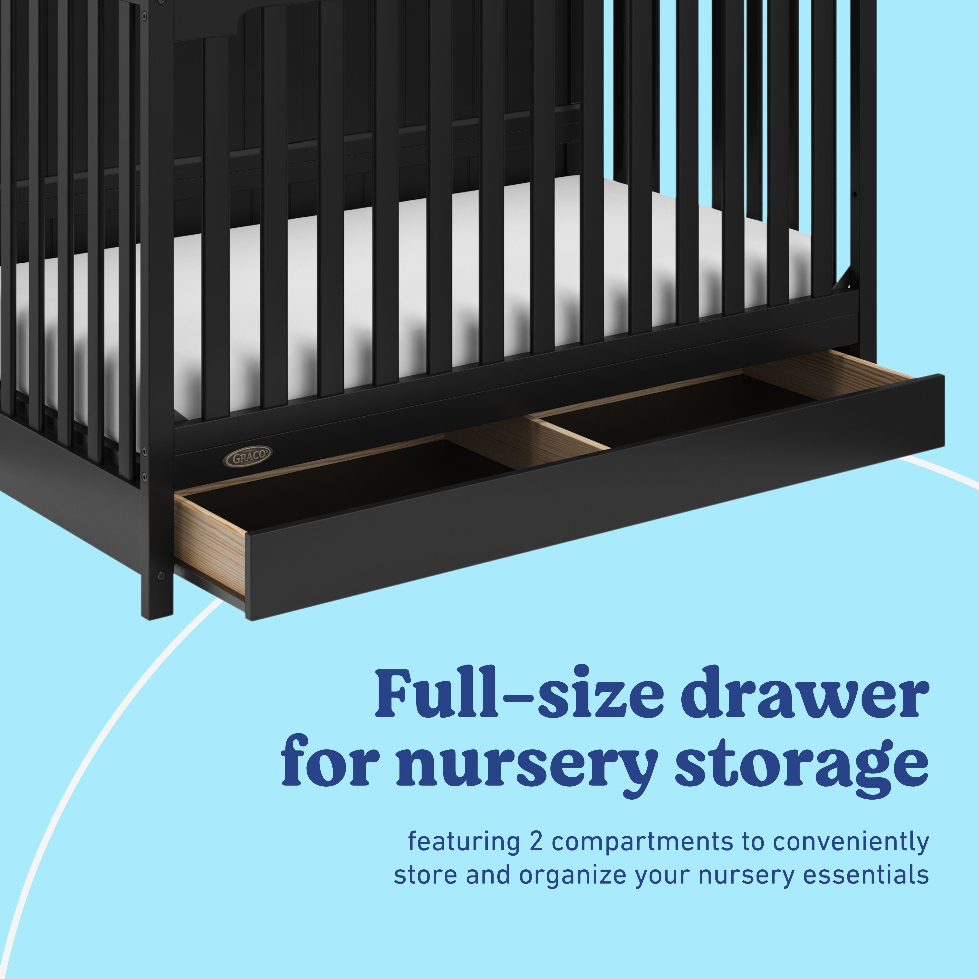 Hadley black crib with drawer full-size drawer callout