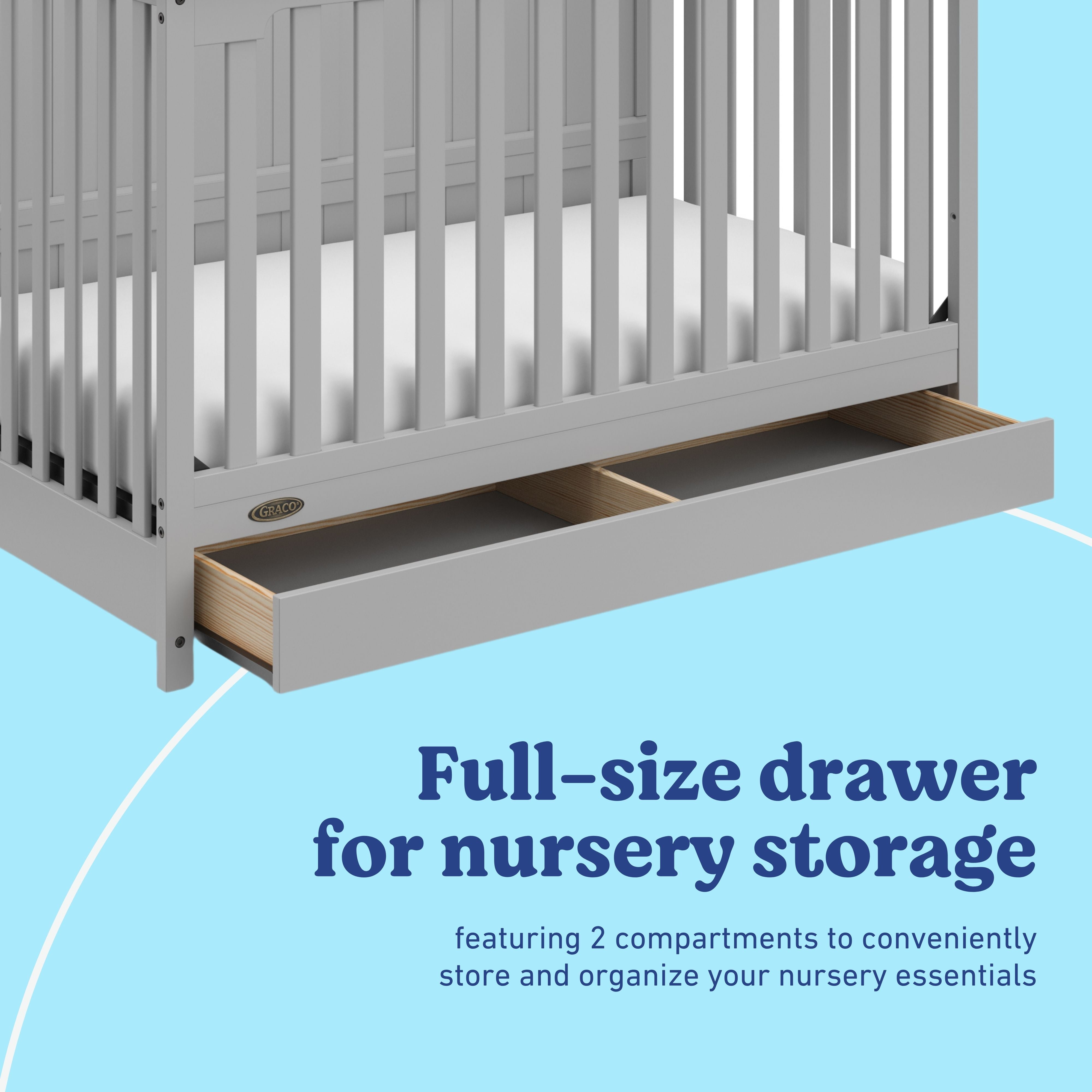 Hadley pebble gray crib with drawer full-size drawer callout