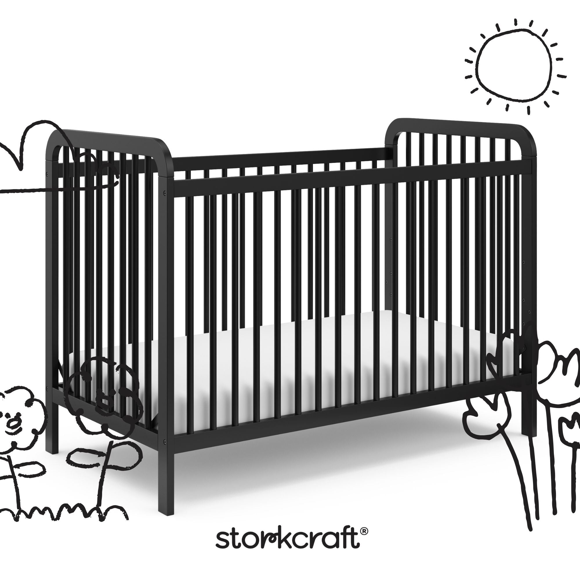 pasadena black crib with black cartoon drawings