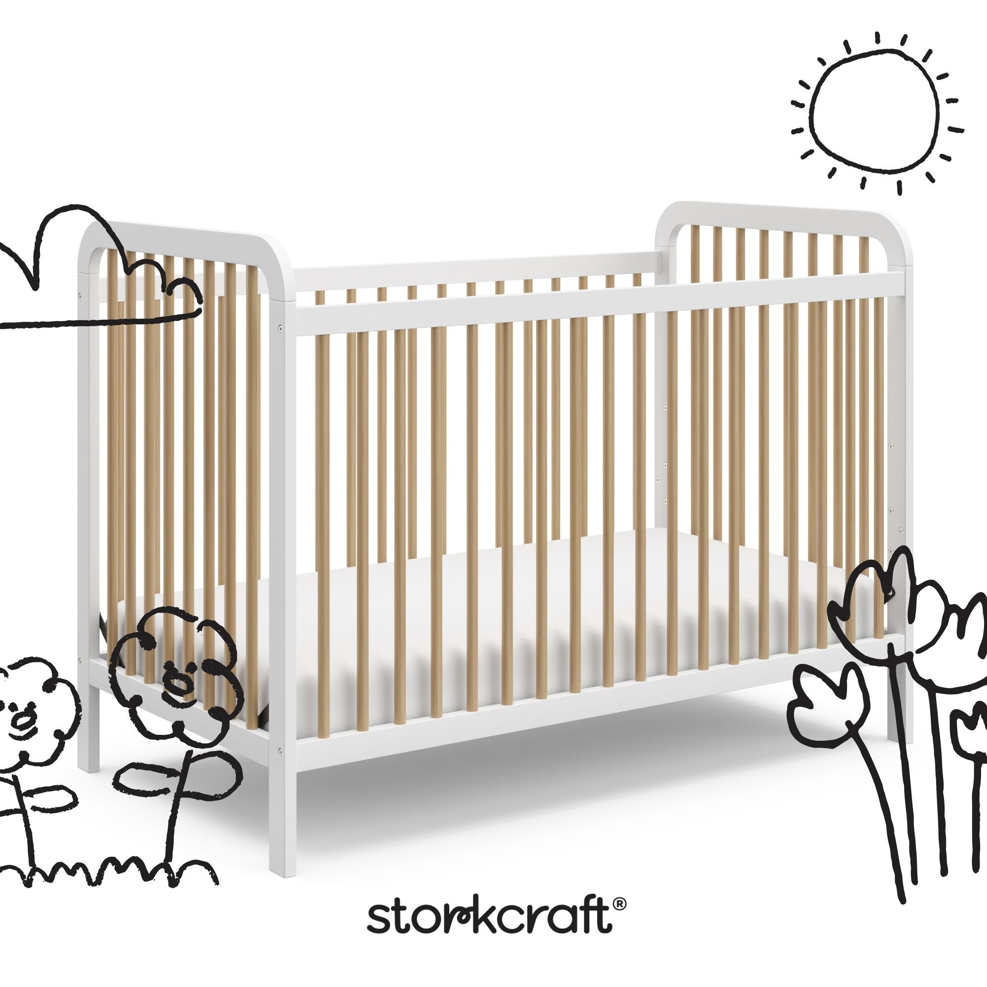 pasadena white with driftwood crib with black cartoon drawings