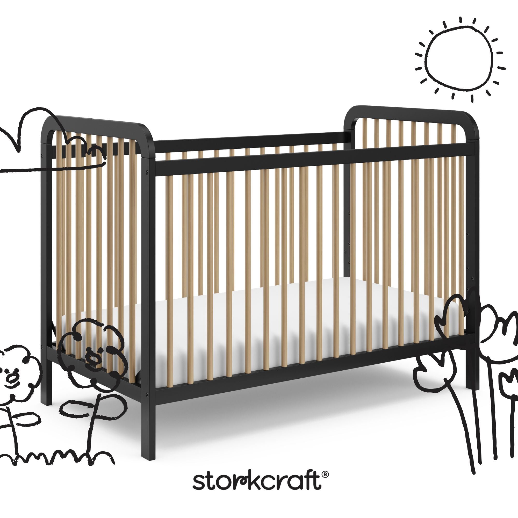 pasadena black with driftwood crib with black cartoon drawings