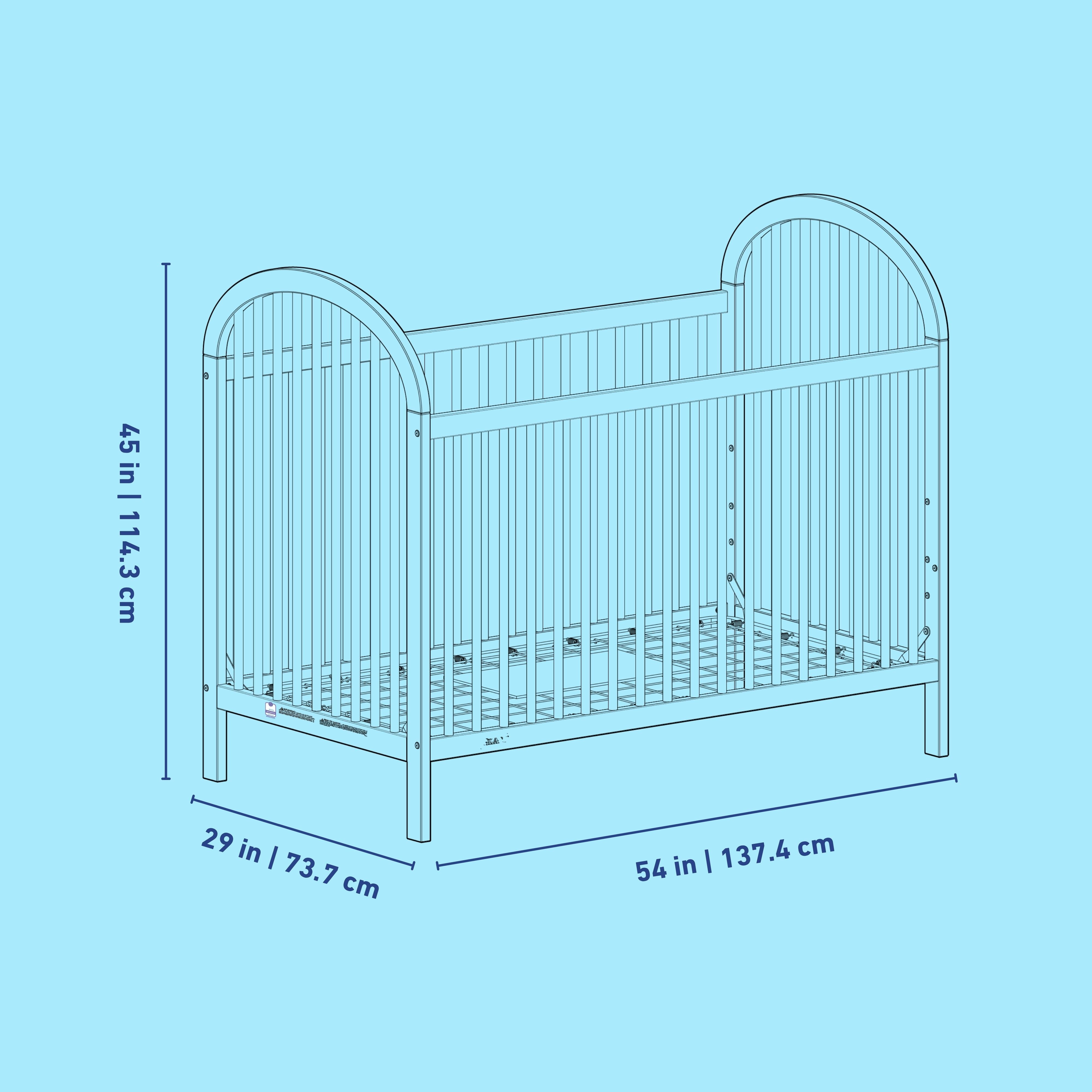 Olivia crib line drawing with dimensions