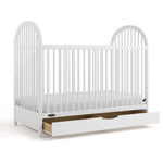 Olivia white crib with drawer open angle view
