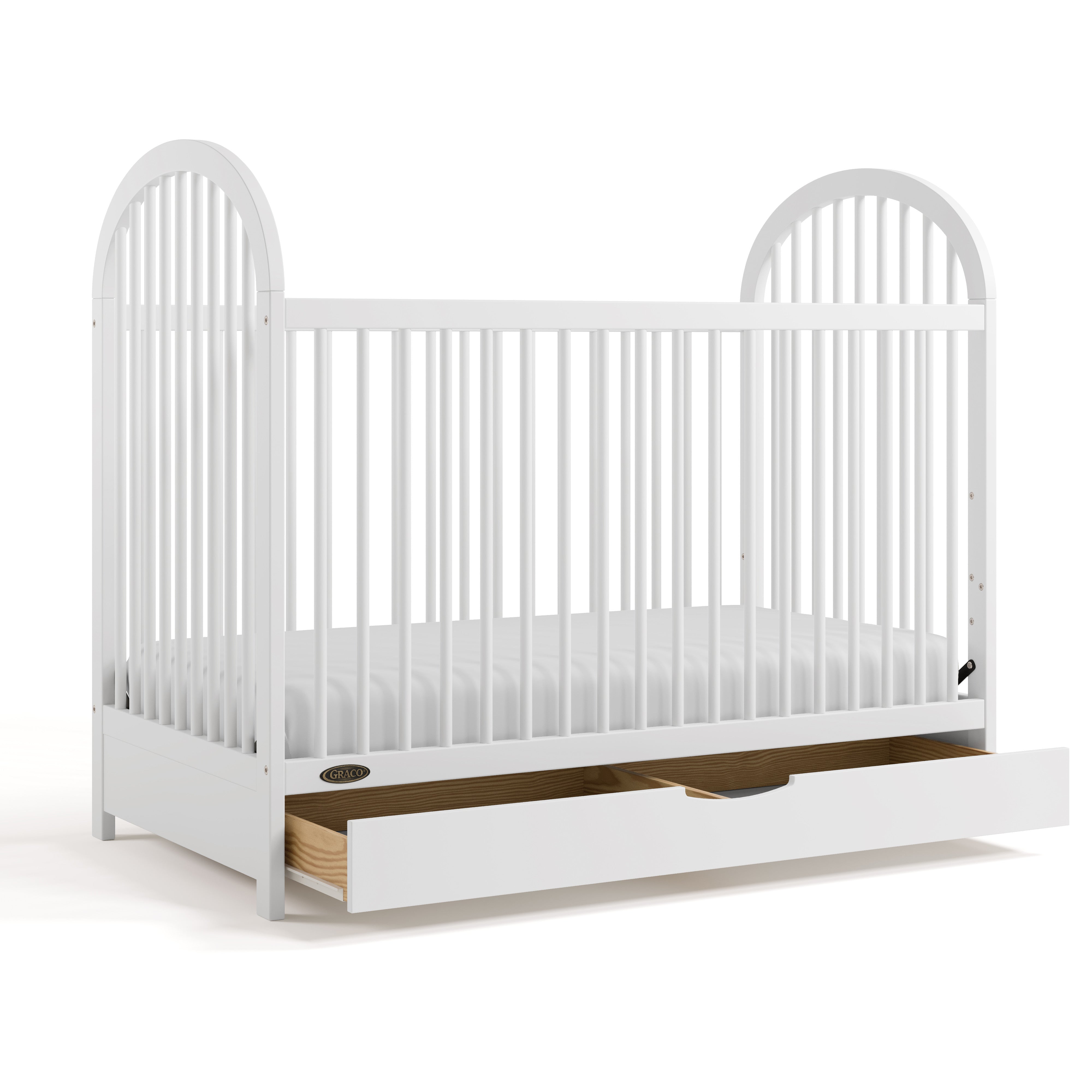 Olivia white crib with drawer open angle view