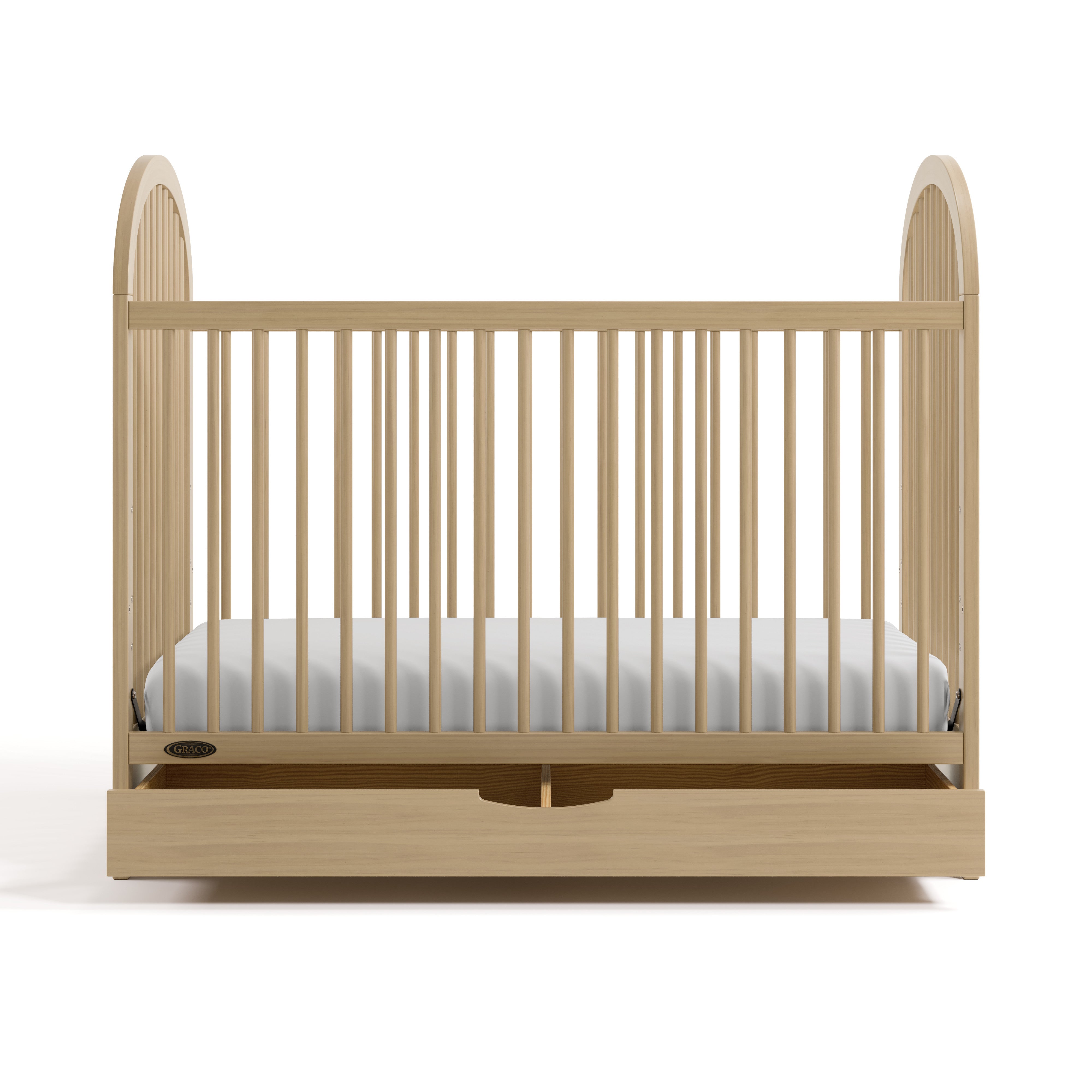 Olivia driftwood crib with drawer open front view
