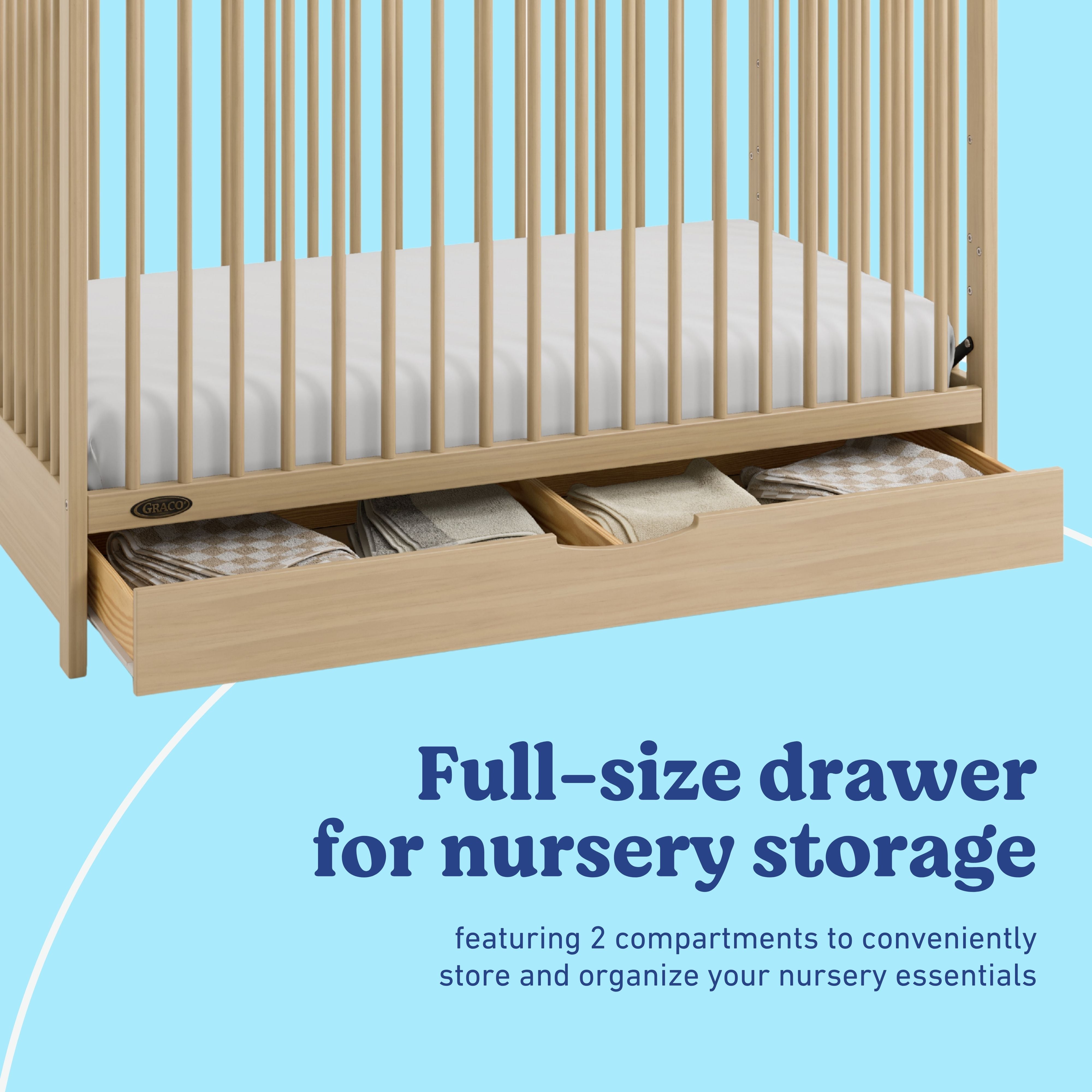 Olivia driftwood crib with drawer storage callout