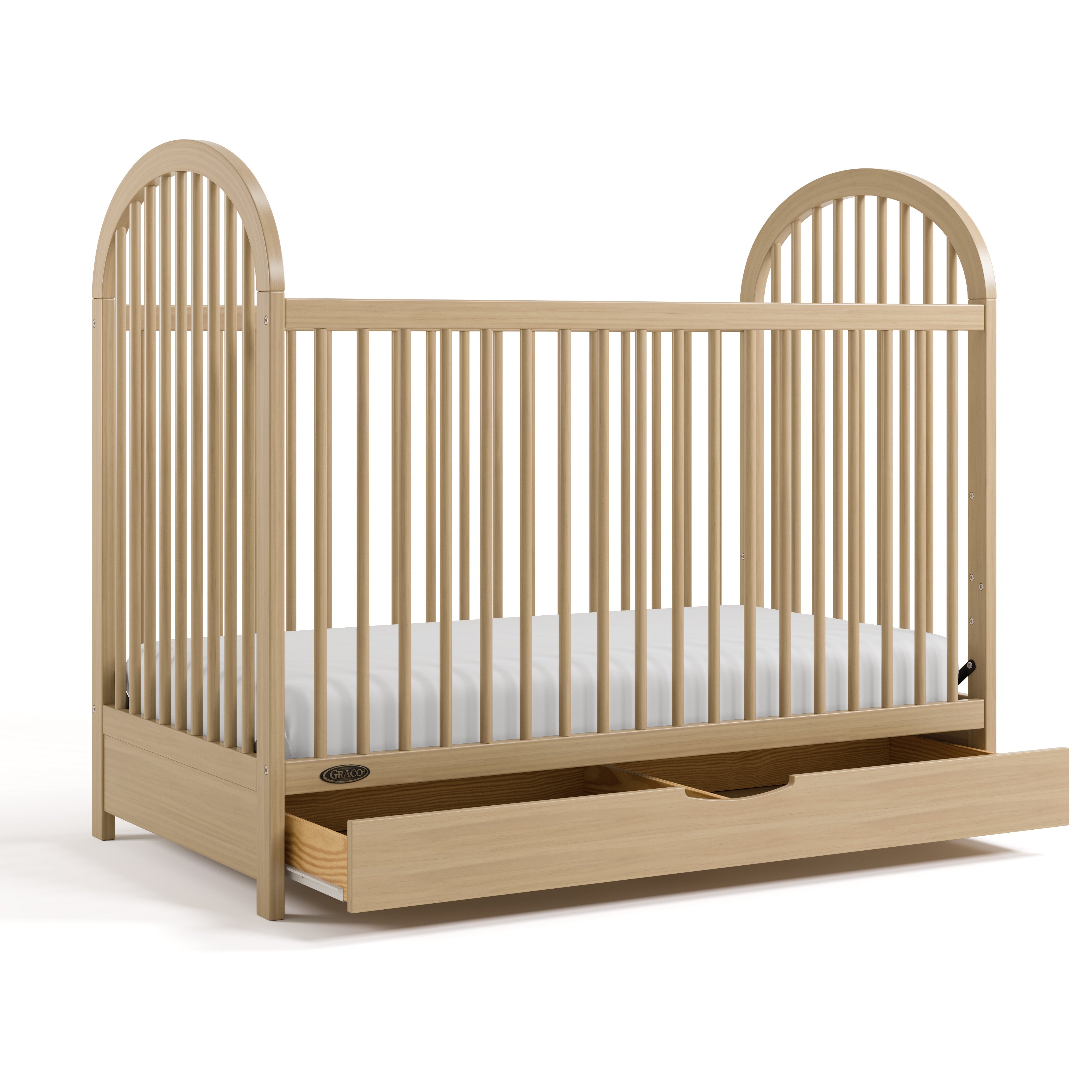 Olivia driftwood crib with drawer open angle view