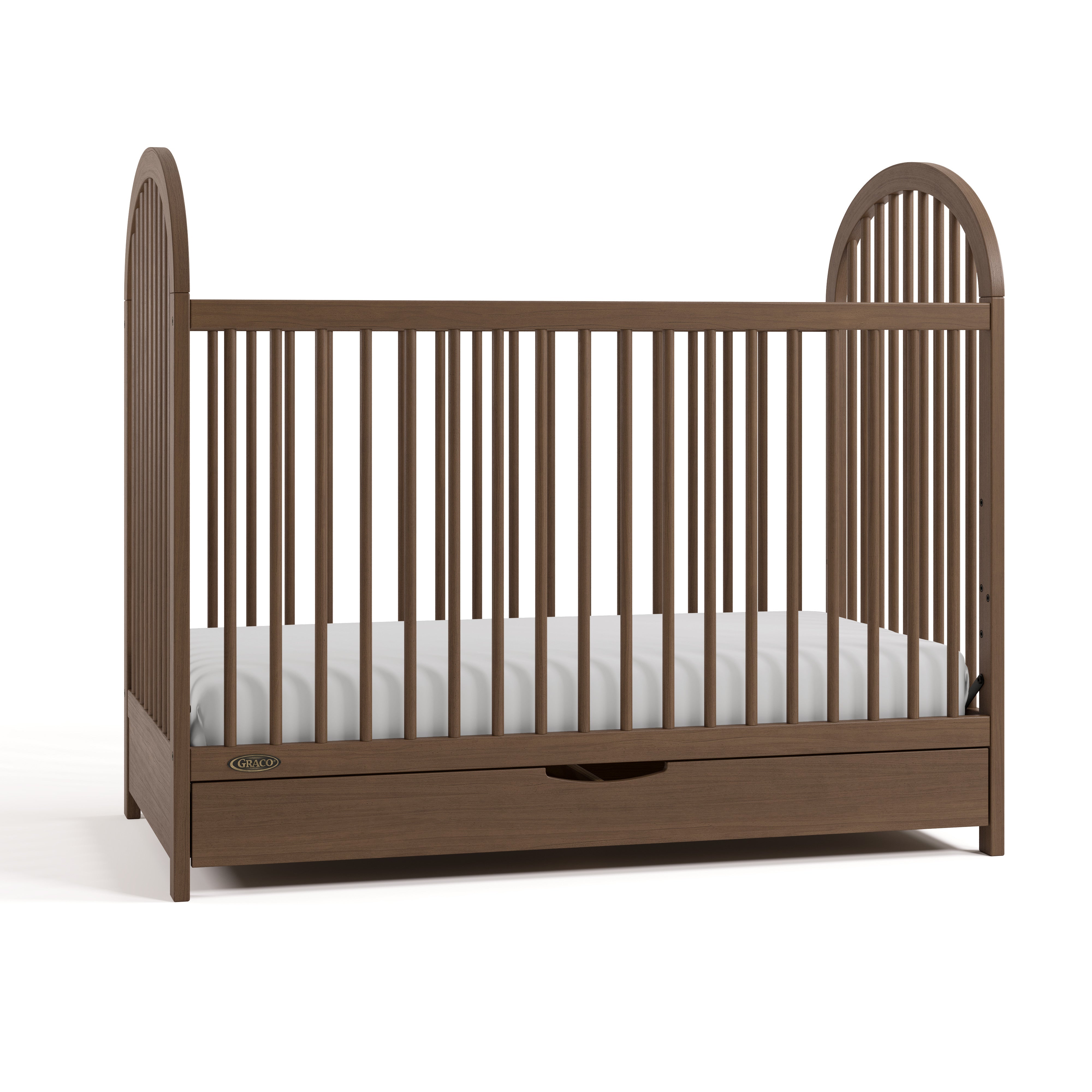 Olivia hazelnut crib with drawer angle view