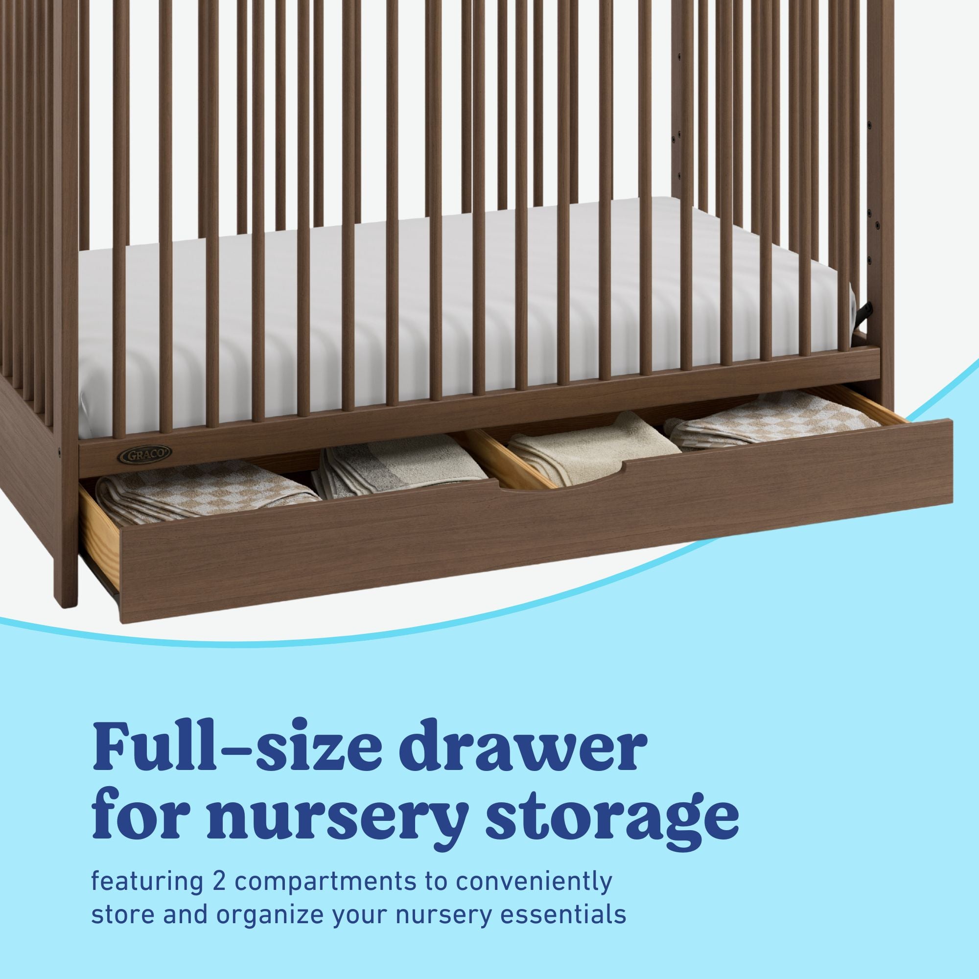 Olivia hazelnut crib full-size storage drawer callout