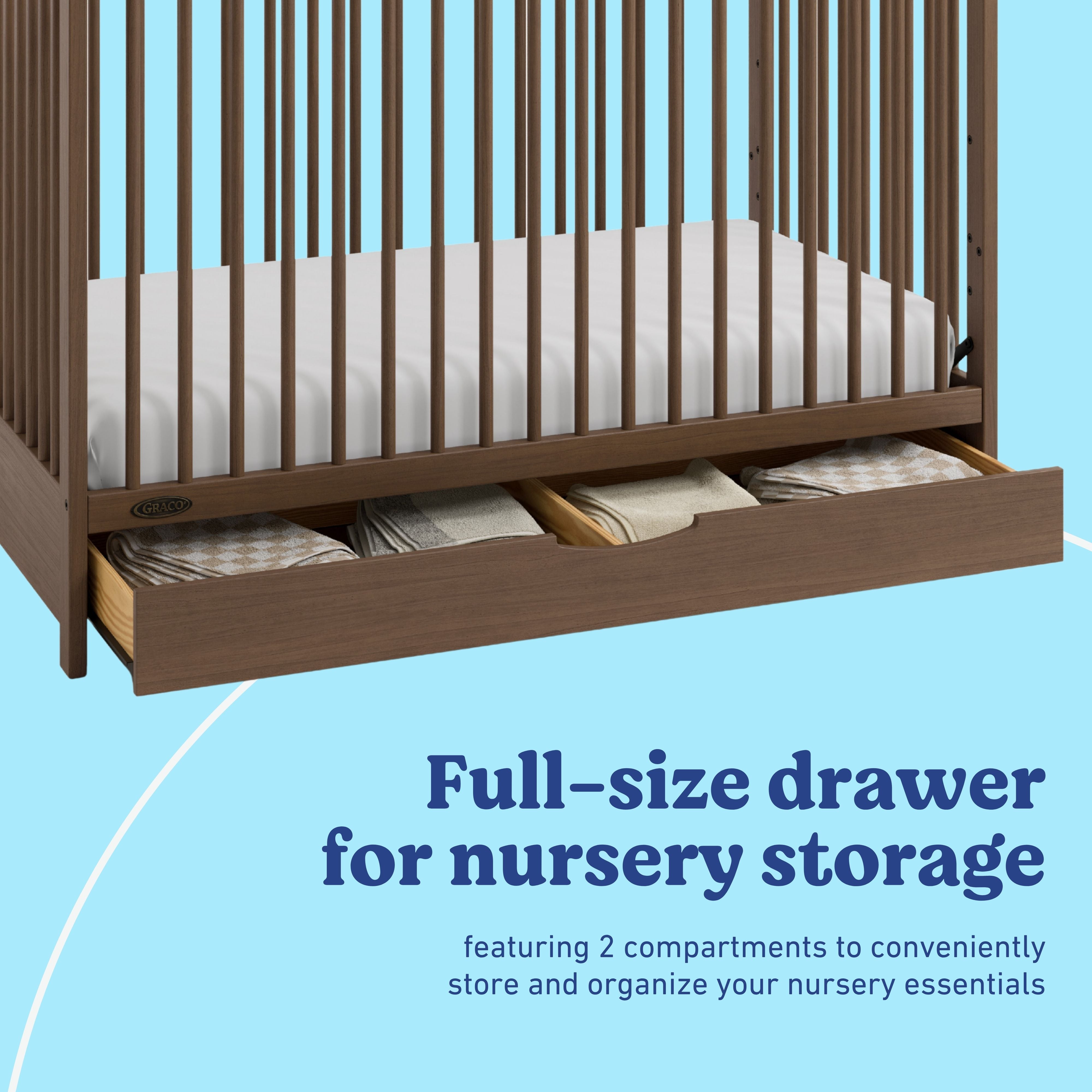 Olivia hazelnut crib with drawer storage callout