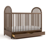 Olivia hazelnut crib with drawer open angle view