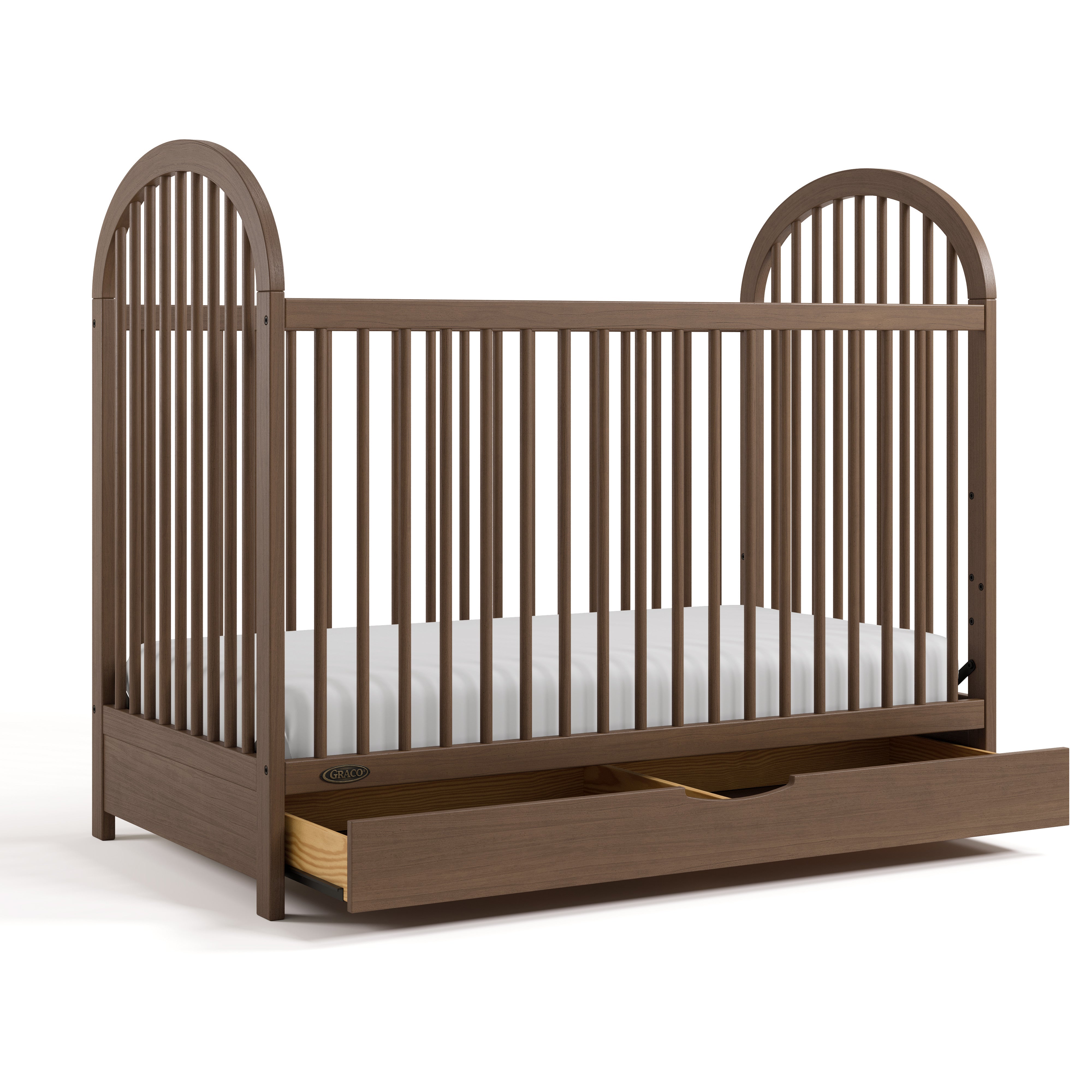 Olivia hazelnut crib with drawer open angle view