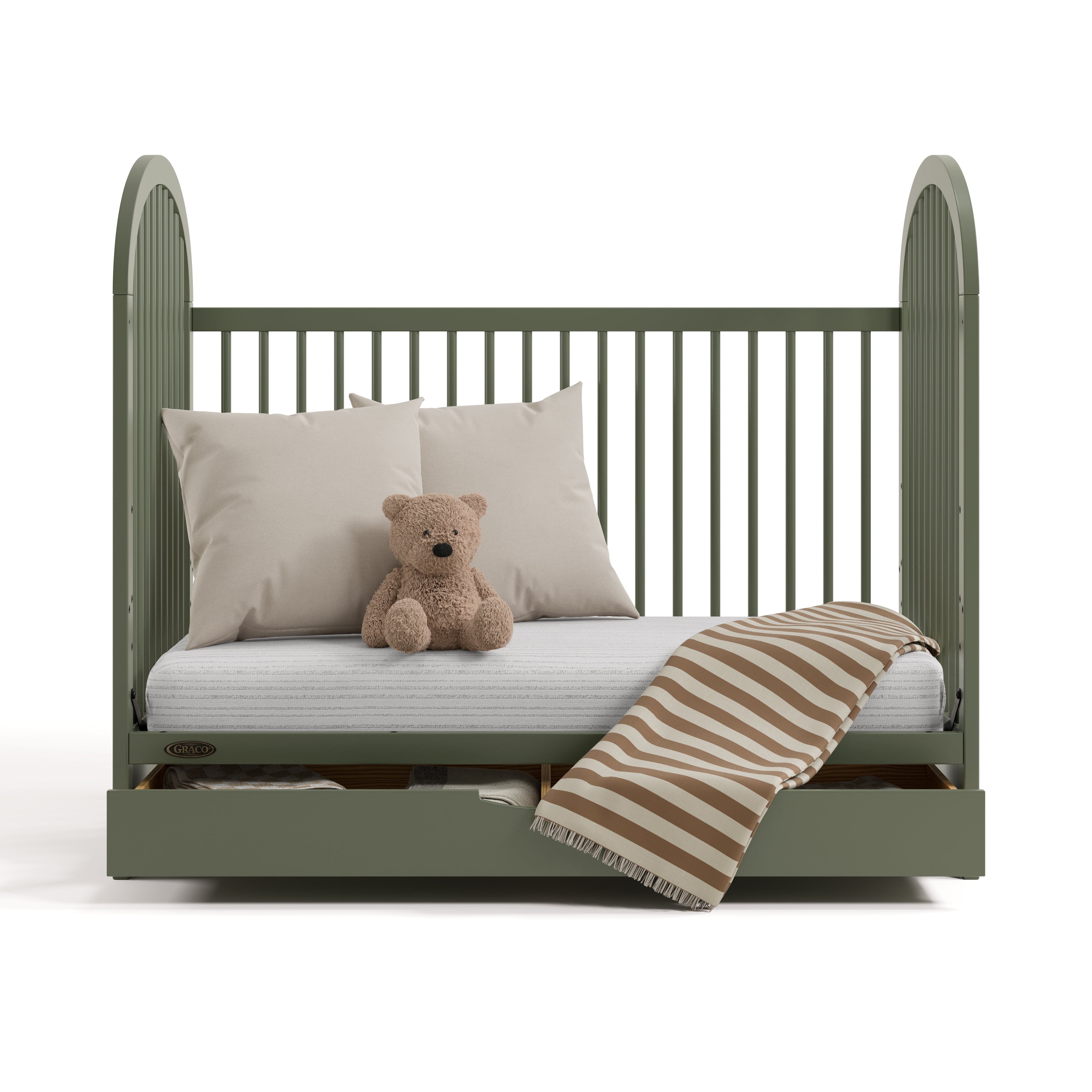 Olivia olive crib with drawer converted to daybed
