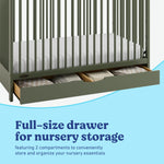 Olivia olive crib full-size storage drawer callout