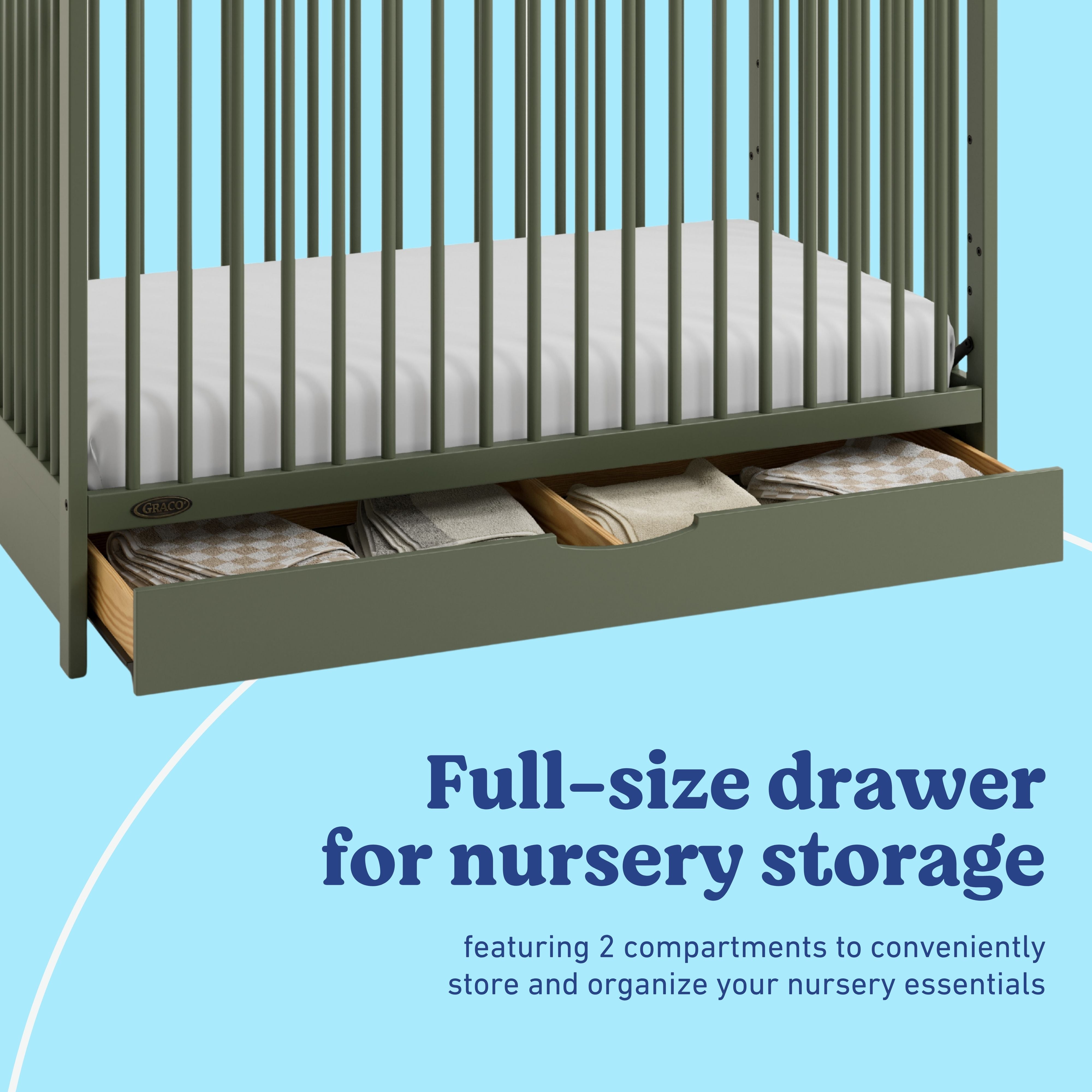 Olivia olive crib with drawer storage callout