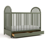 Olivia olive crib with drawer open angle view