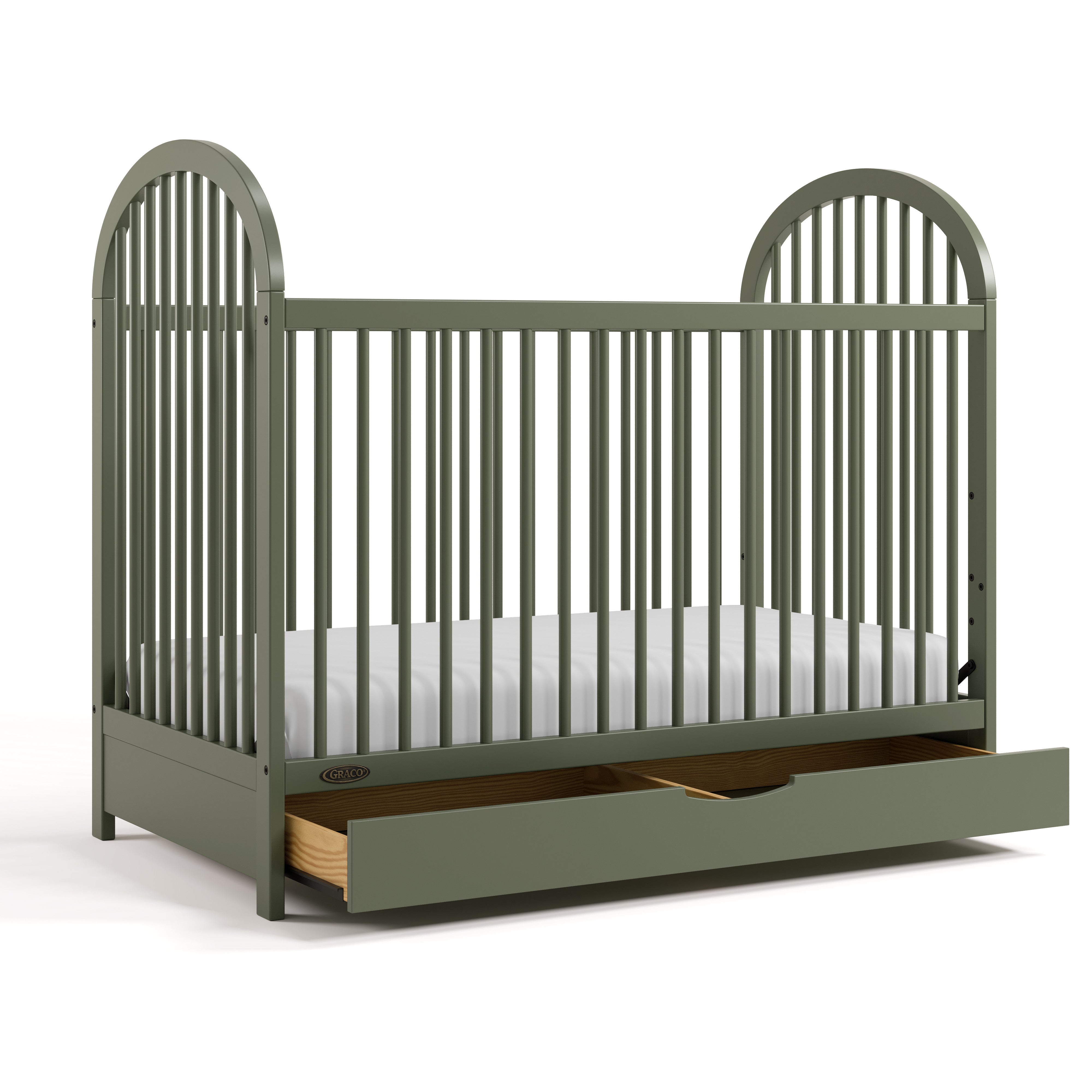 Olivia olive crib with drawer open angle view