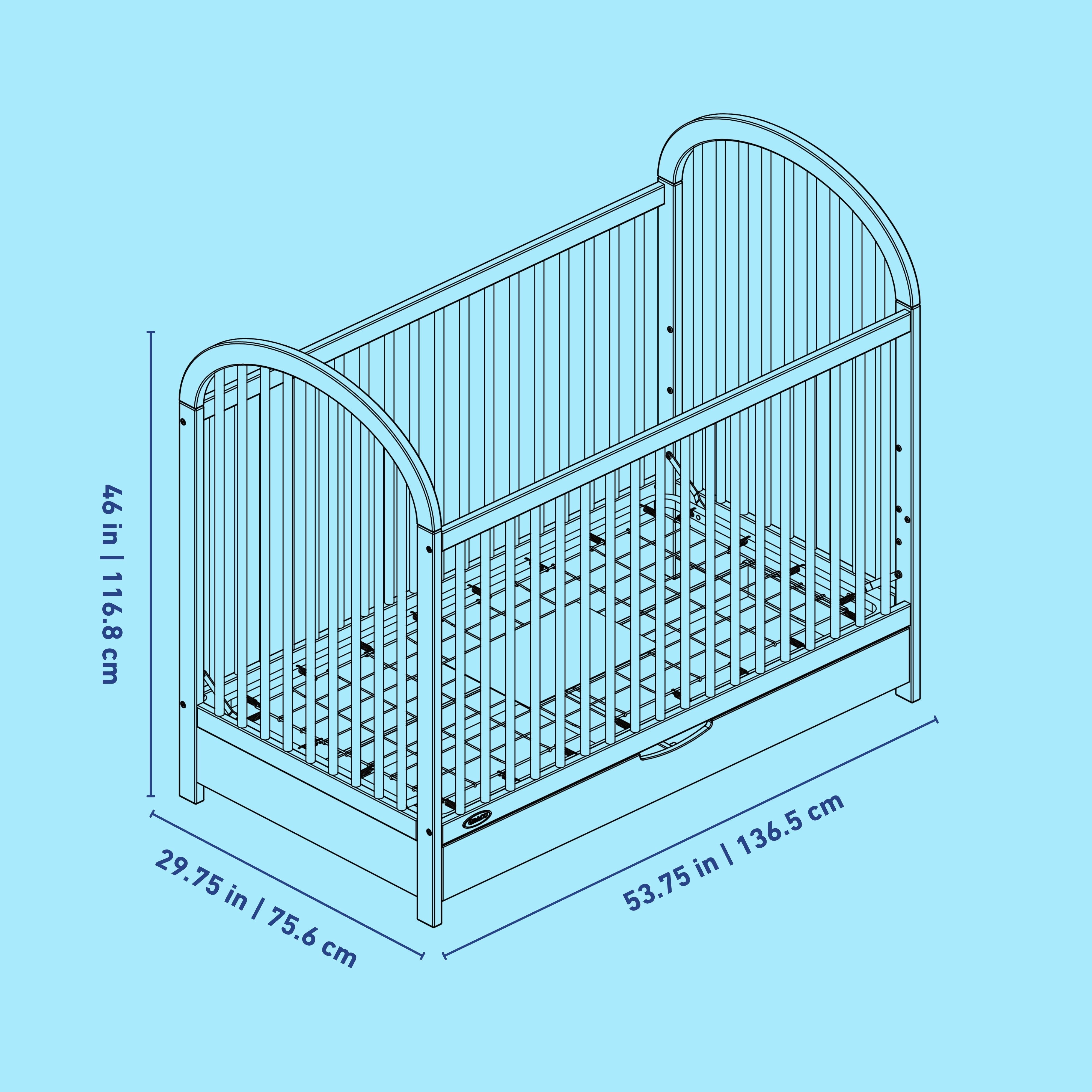 Olivia white crib with drawer line drawing with dimensions