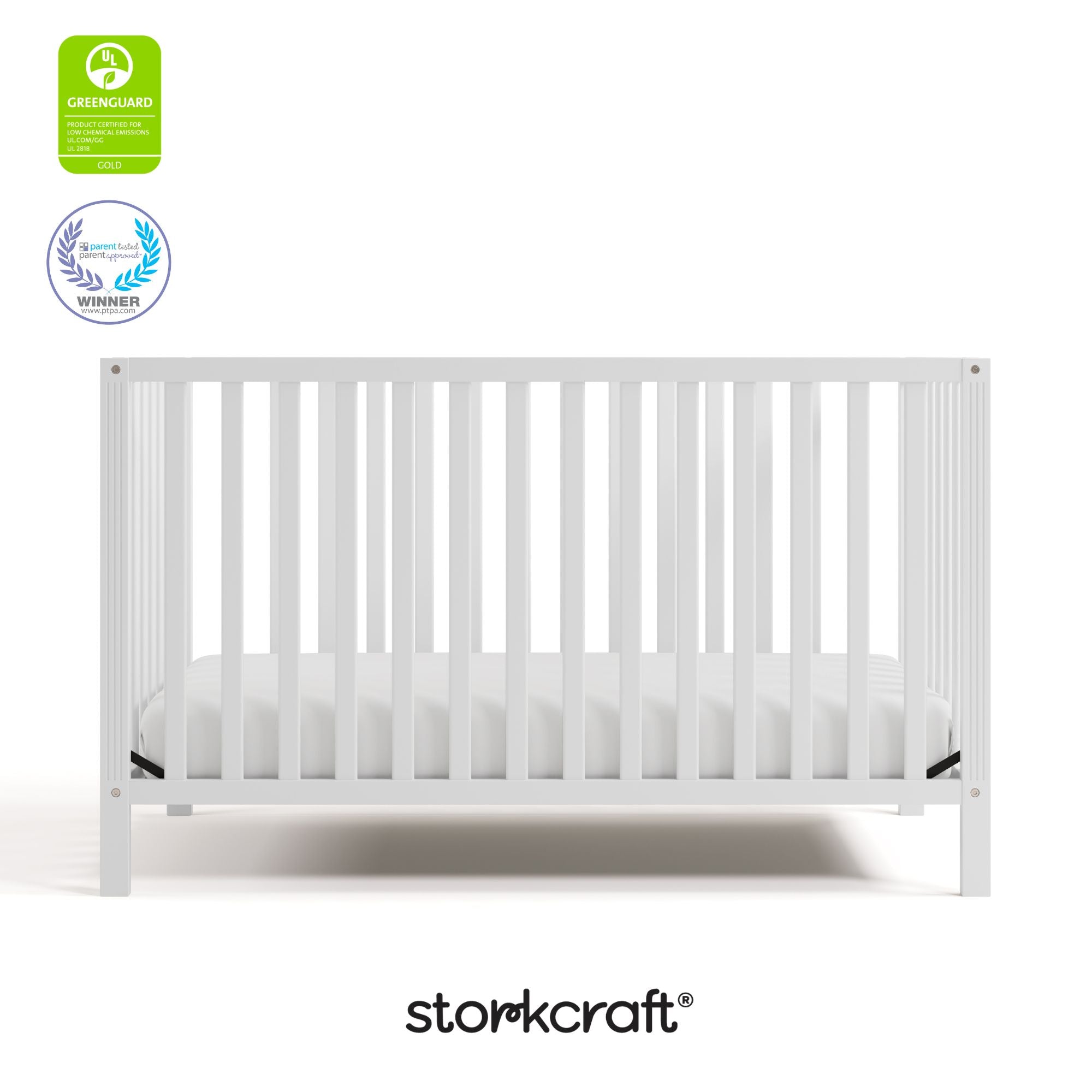 morningside white crib with GGG and PTPA logo on top left