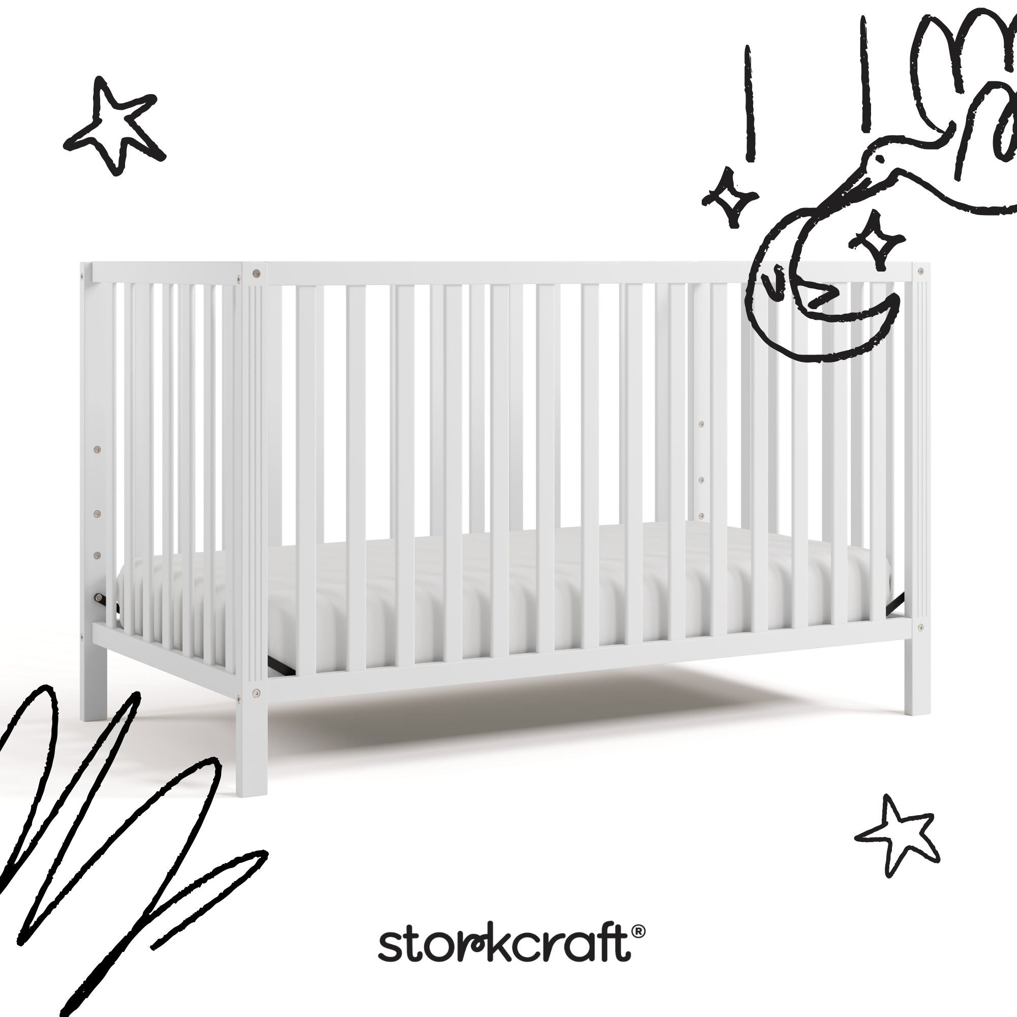 morningside white crib with black doodles overlaid on image