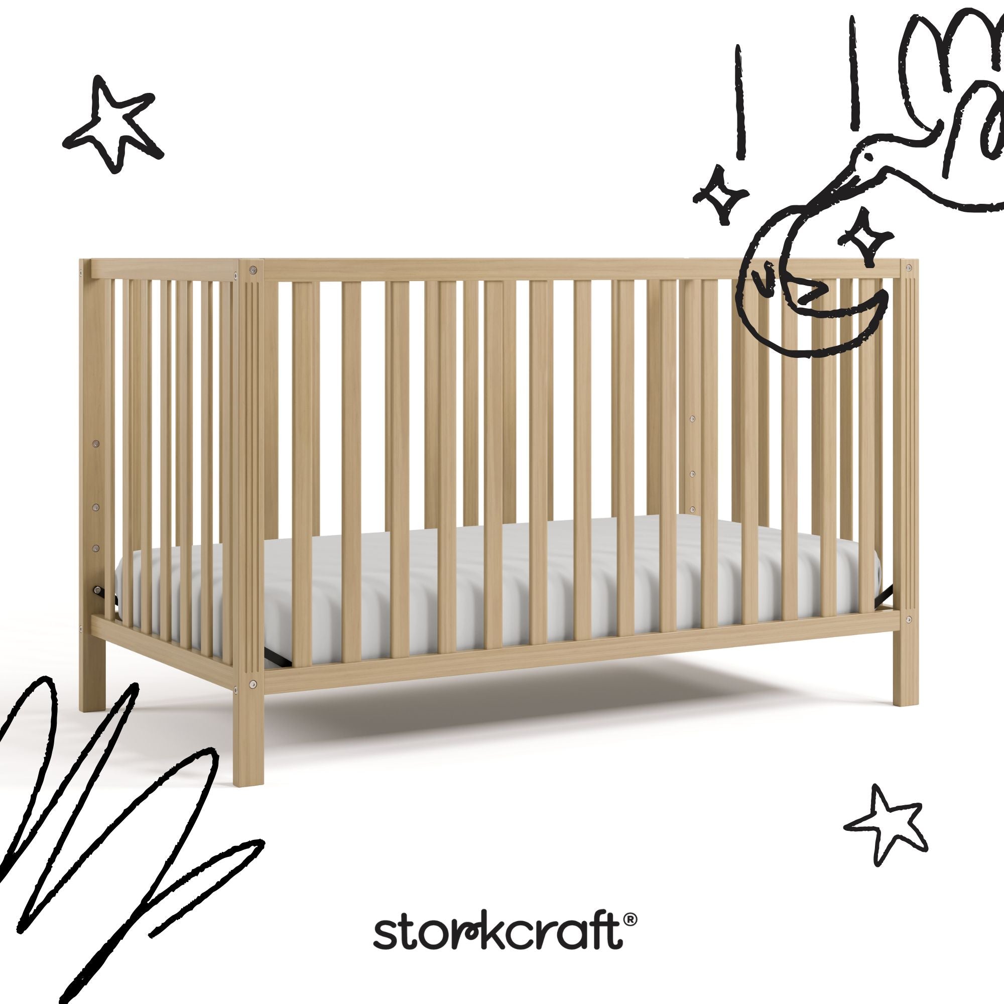 morningside driftwood crib with black doodles overlaid on image