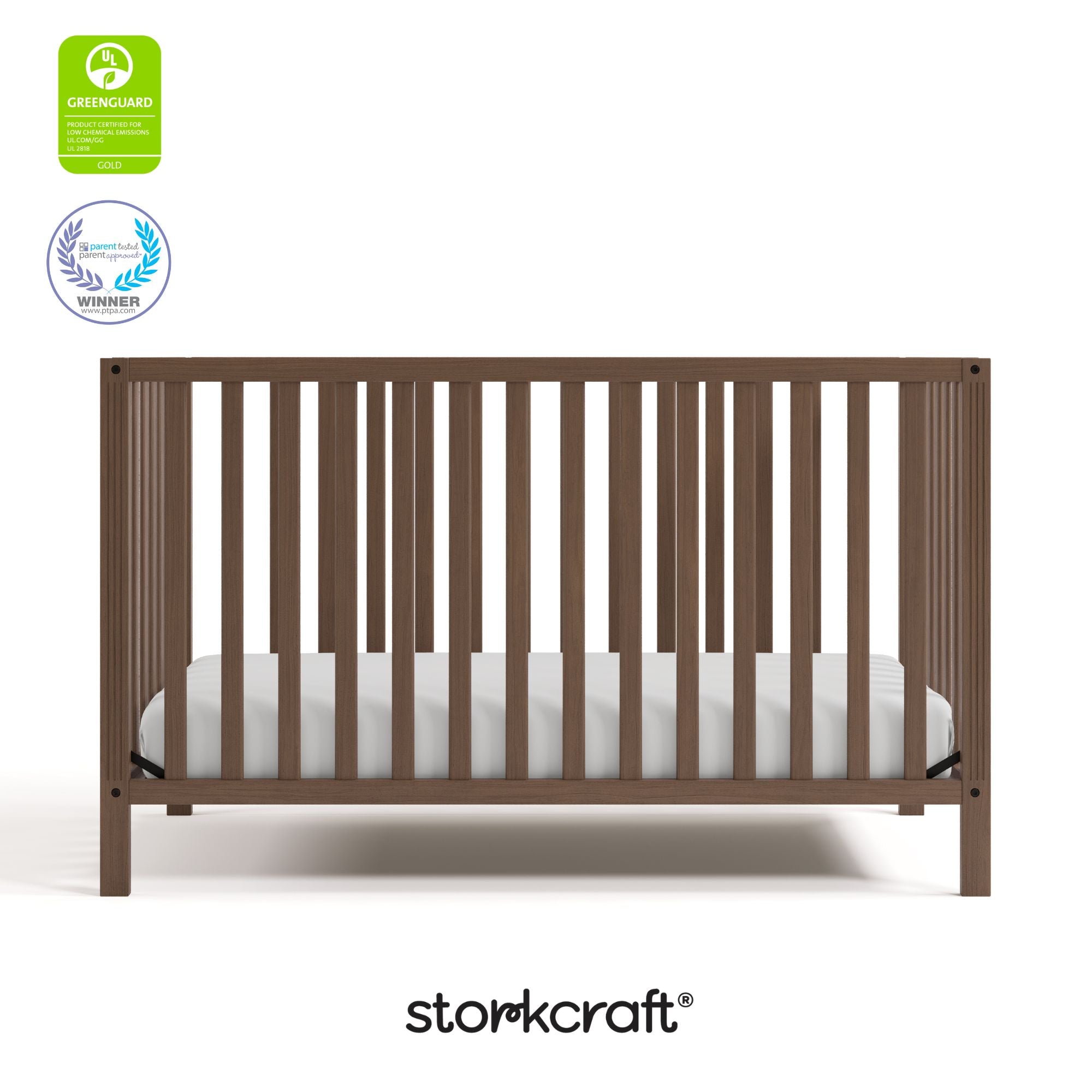 morningside hazelnut crib with GGG and PTPA logo on top left