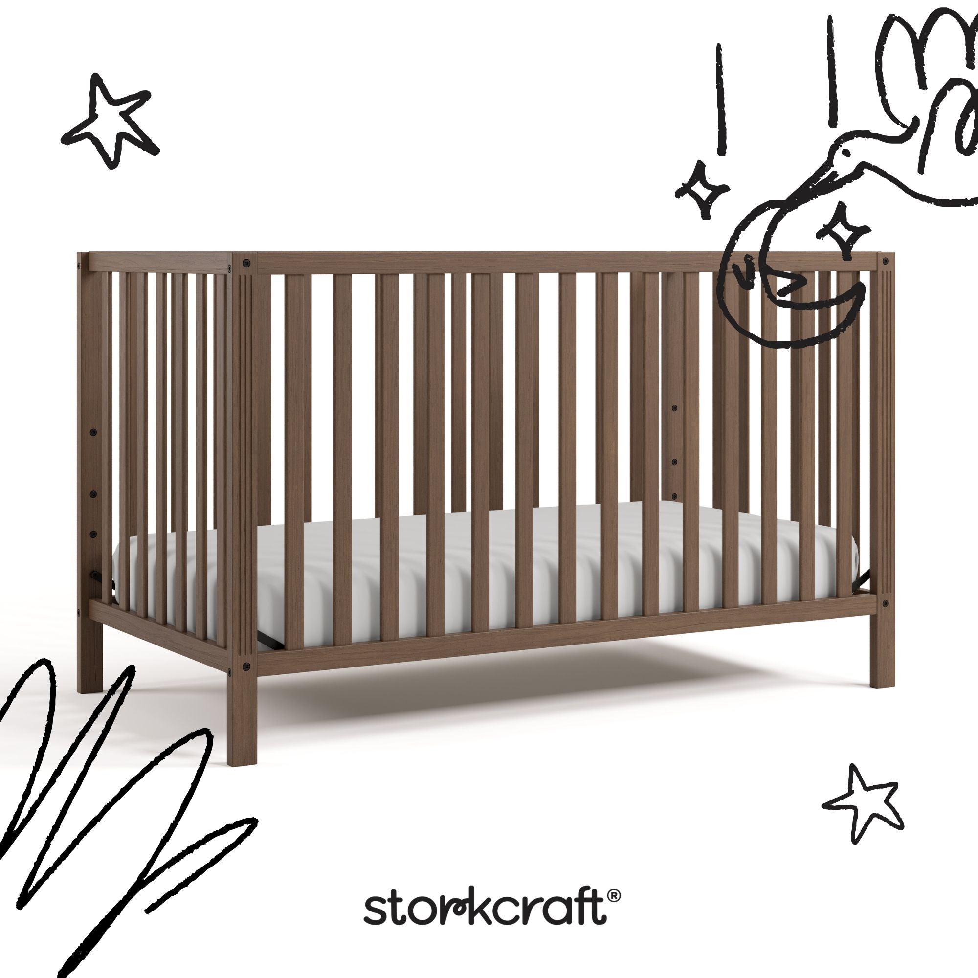 morningside hazelnut crib with black doodles overlaid on image