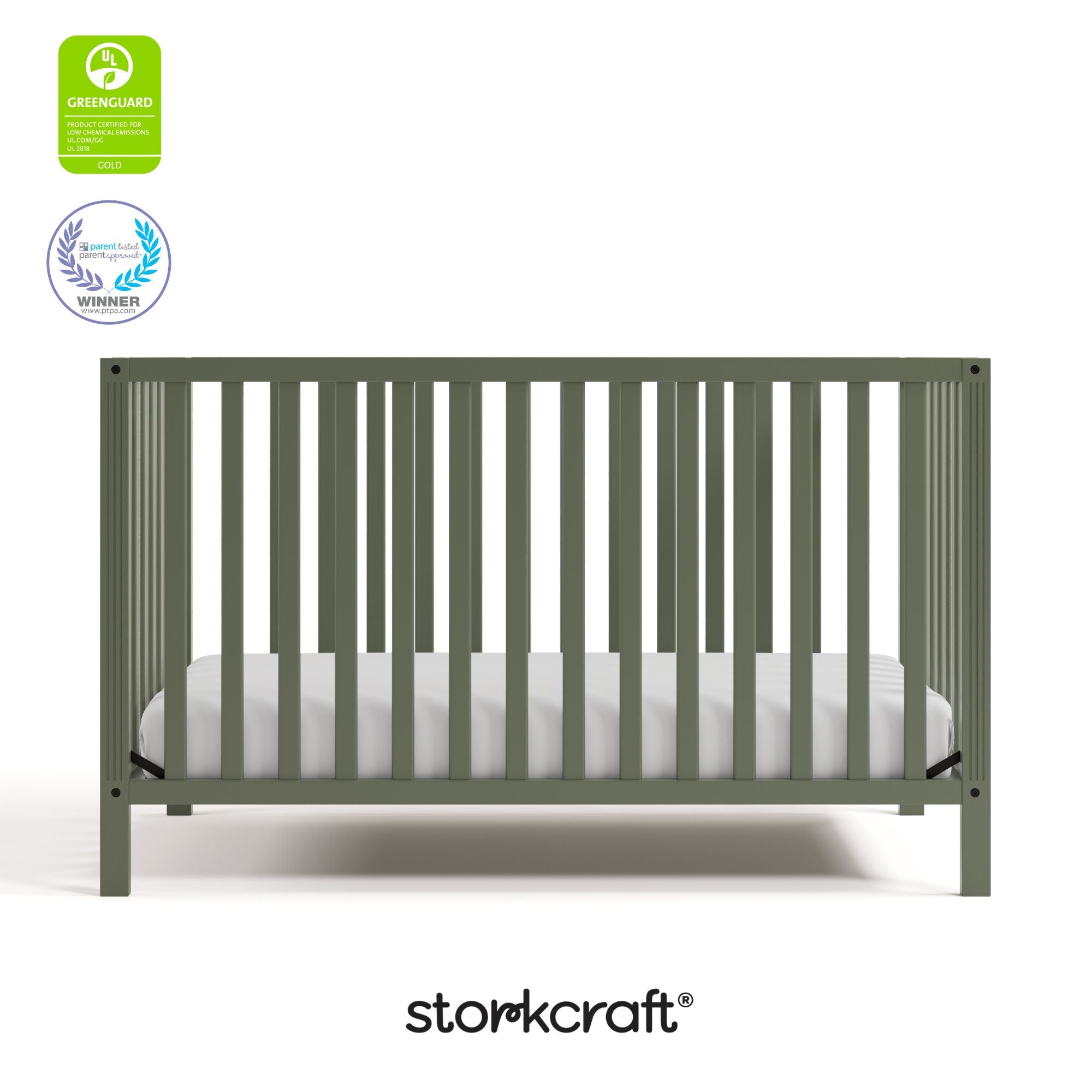 morningside olive crib with GGG and PTPA logo on top left