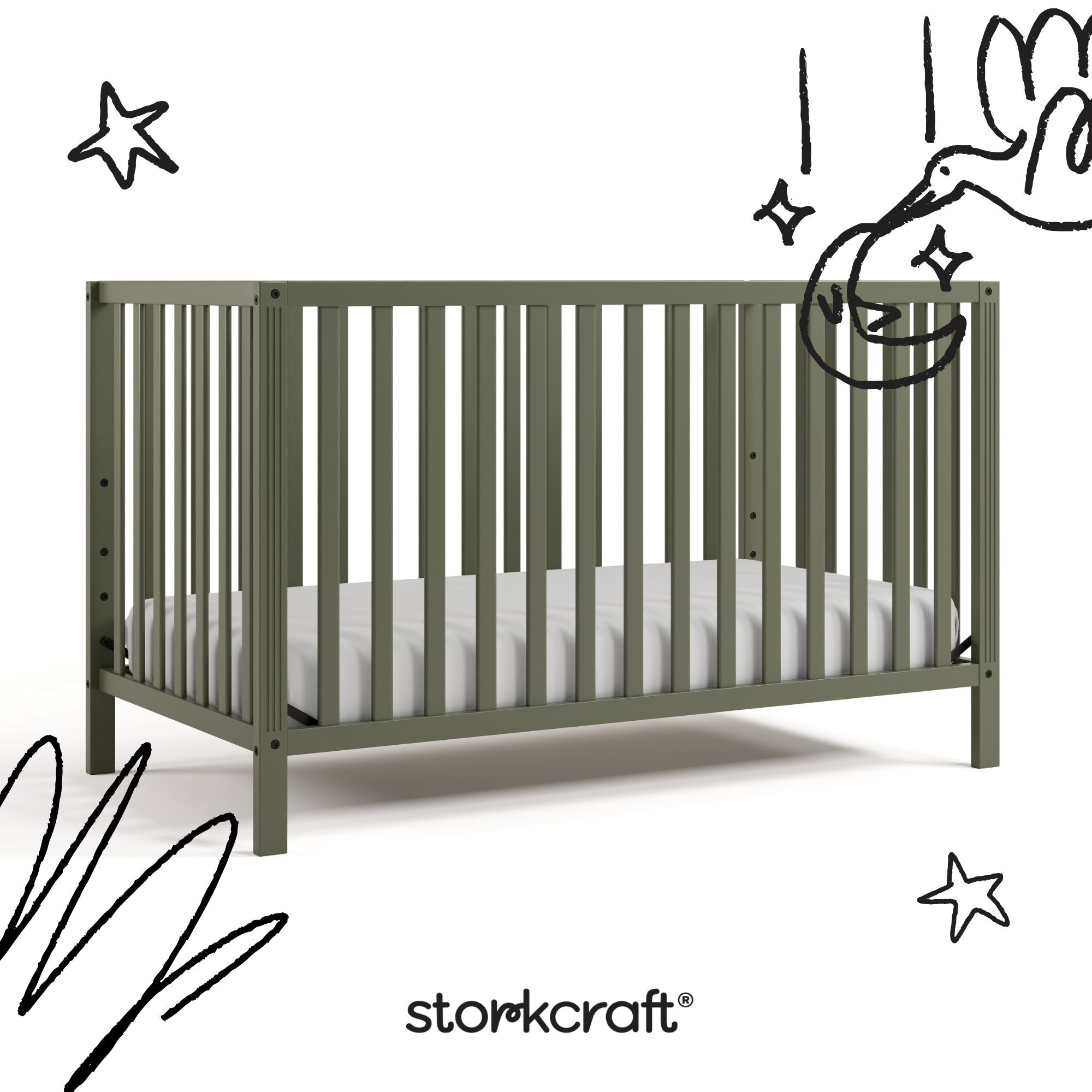 morningside olive crib with black doodles overlaid on image