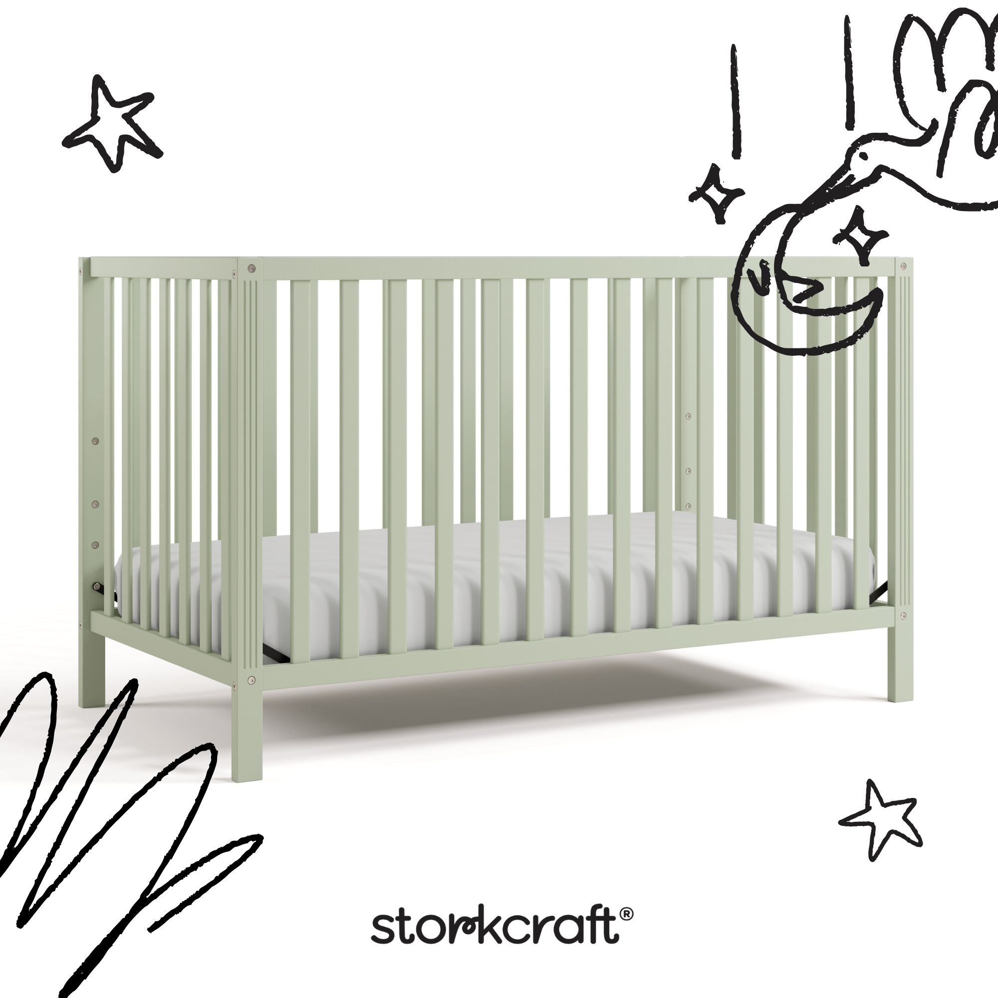 morningside sage crib with black doodles overlaid on image