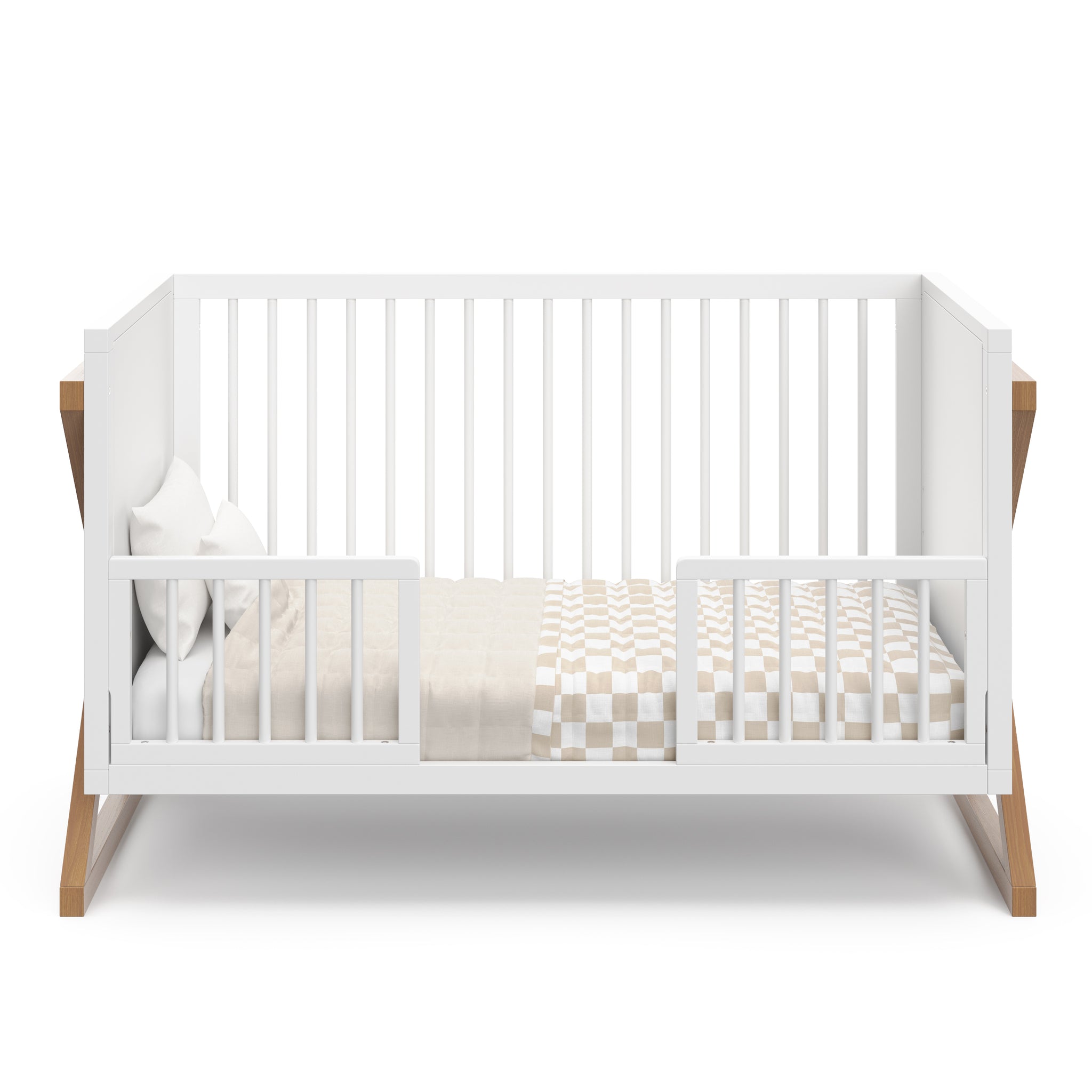  white with vintage driftwood crib, toddler bed conversion with two guardrails