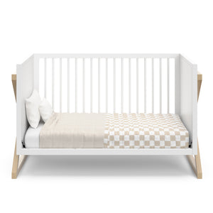 white with driftwood crib, toddler bed conversion