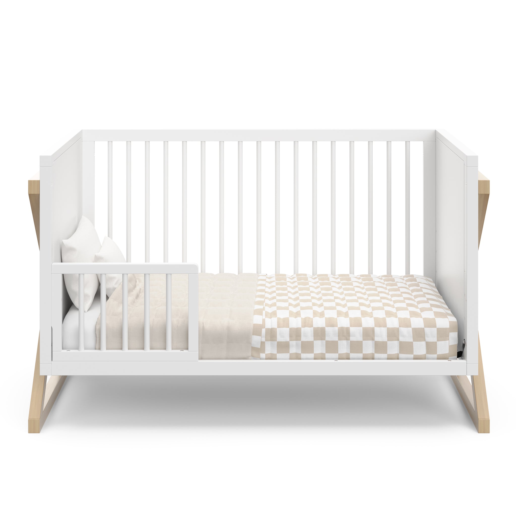 white with driftwood crib, toddler bed conversion with one guardrails
