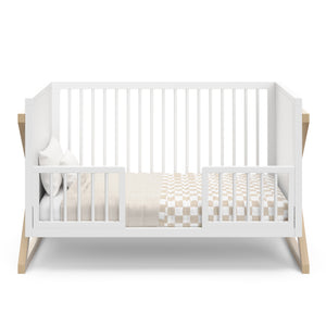 white with vintage crib, toddler bed conversion with two guardrails