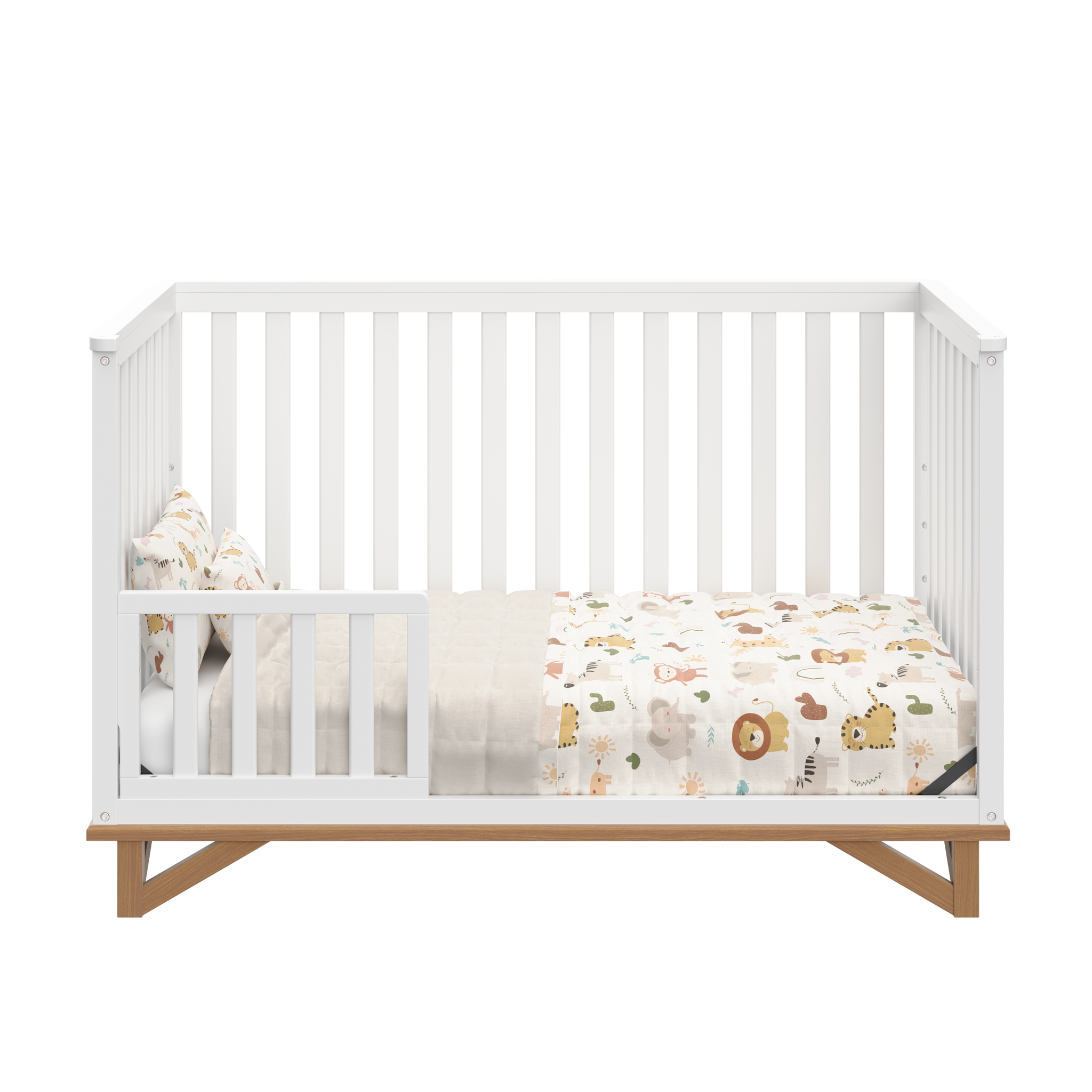 white with vintage driftwood in toddler bed conversion with one guardrail