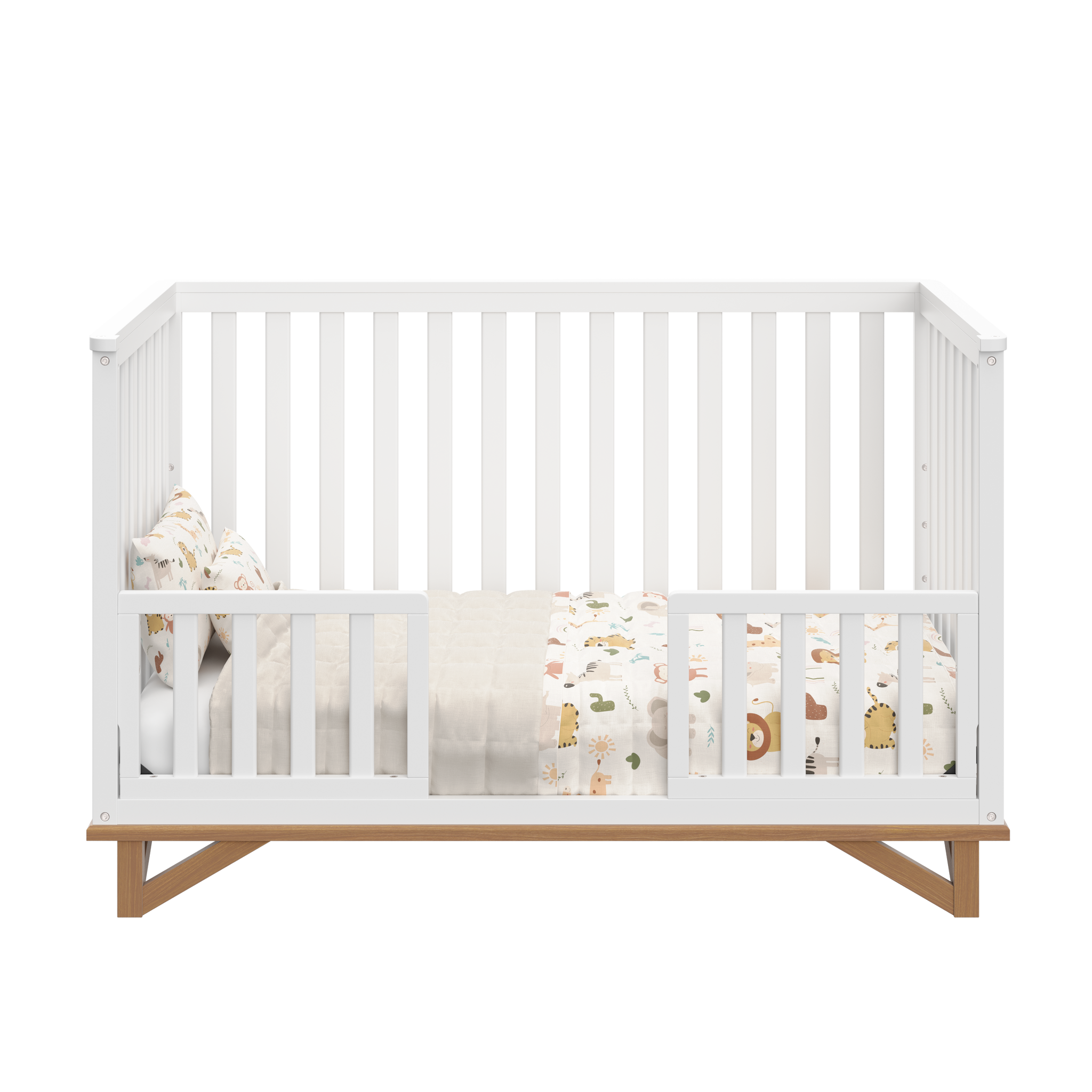 white with vintage driftwood in toddler bed conversion with two guardrail