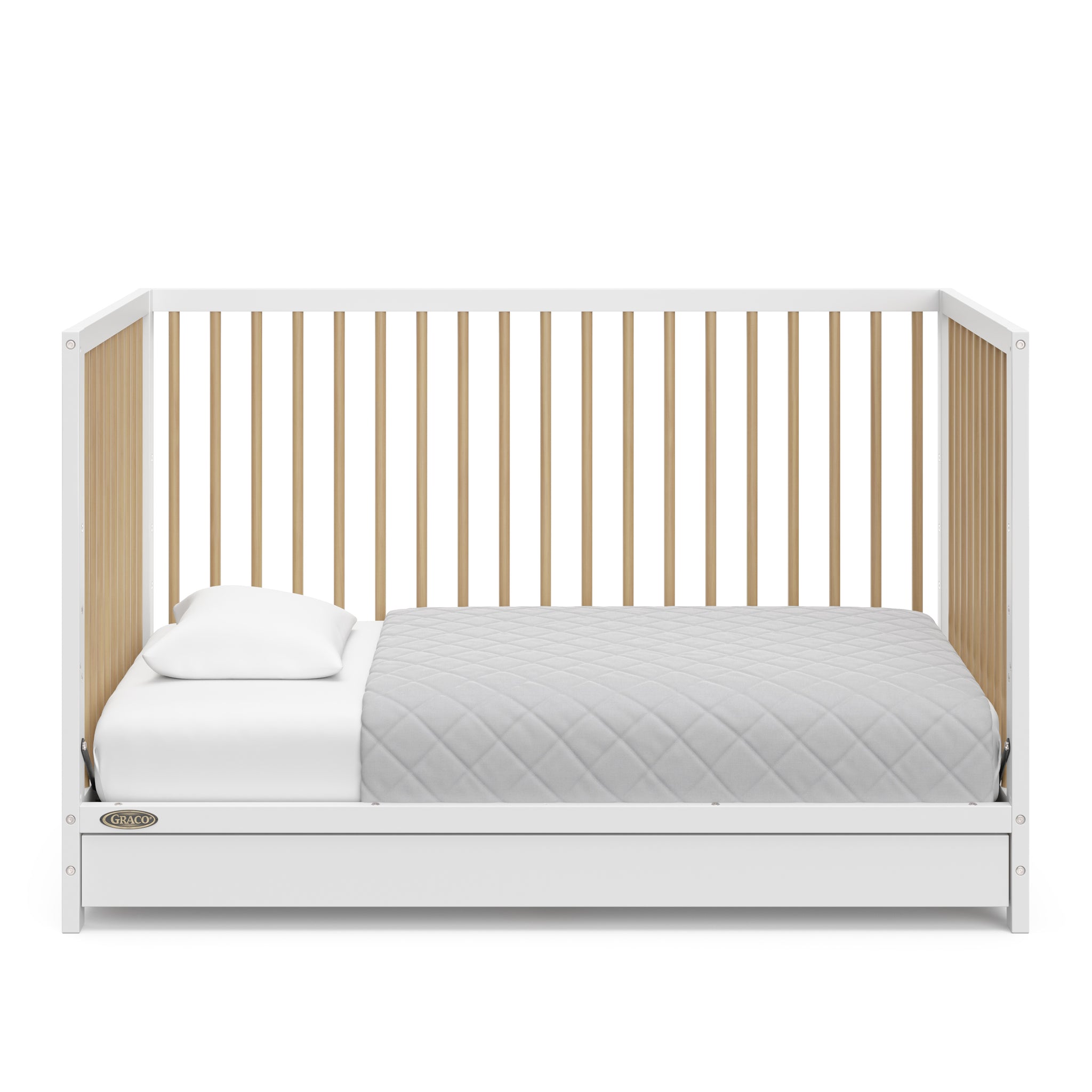 White with driftwood crib with drawer in toddler bed conversion