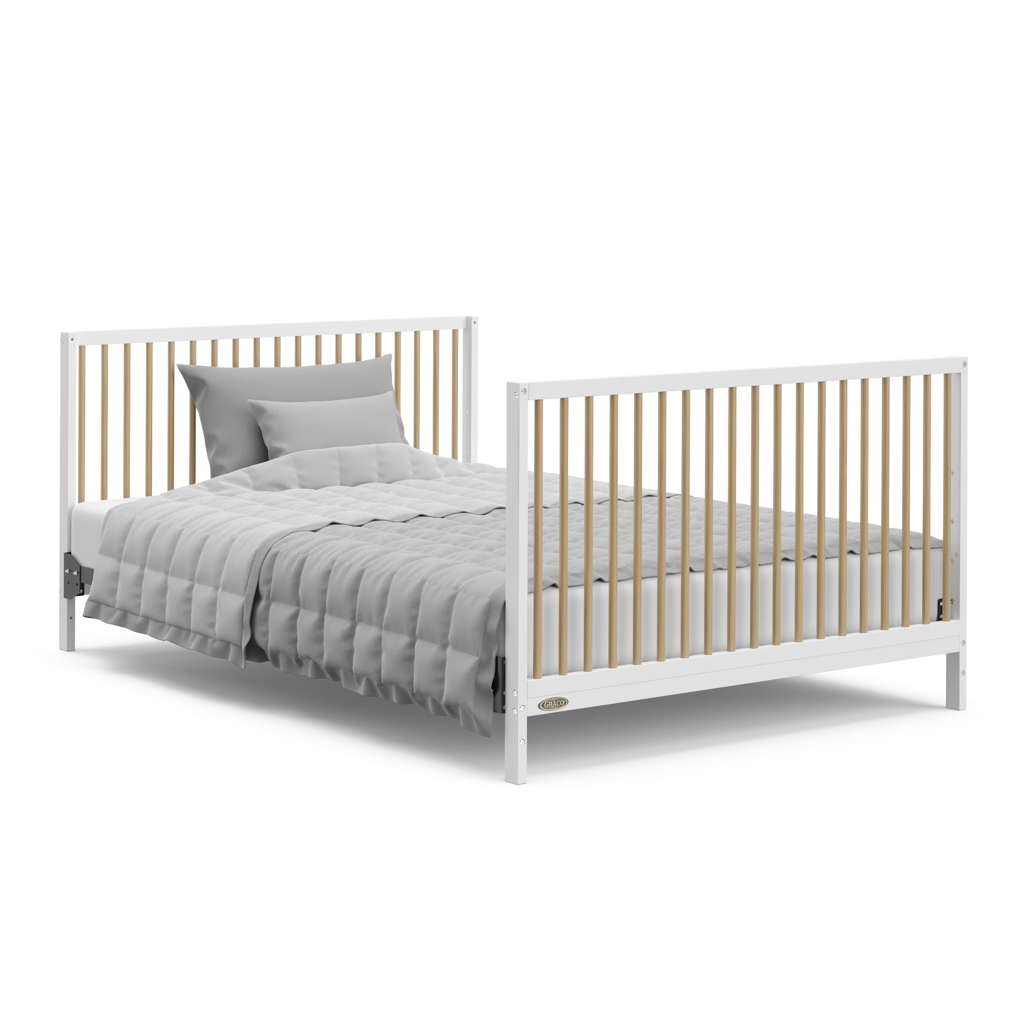 White with driftwood crib with drawer in full-size bed with headboard and footboard conversion