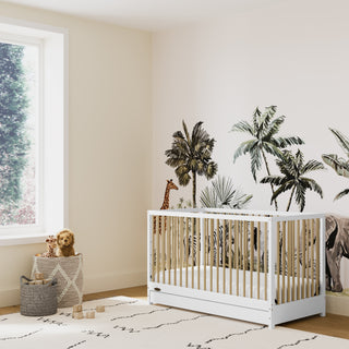 White with driftwood crib with drawer in nursery