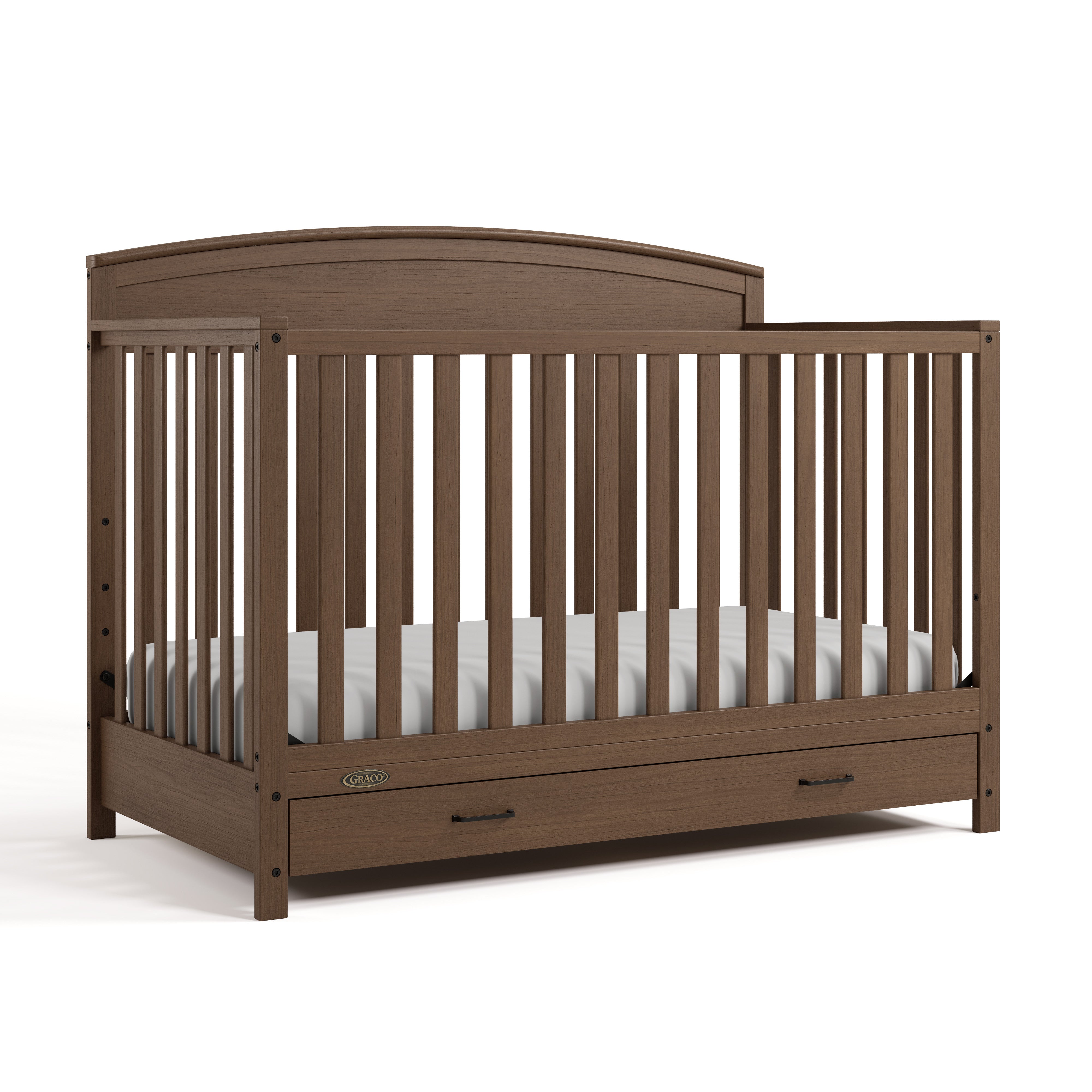 Benton hazelnut crib with drawer angle view