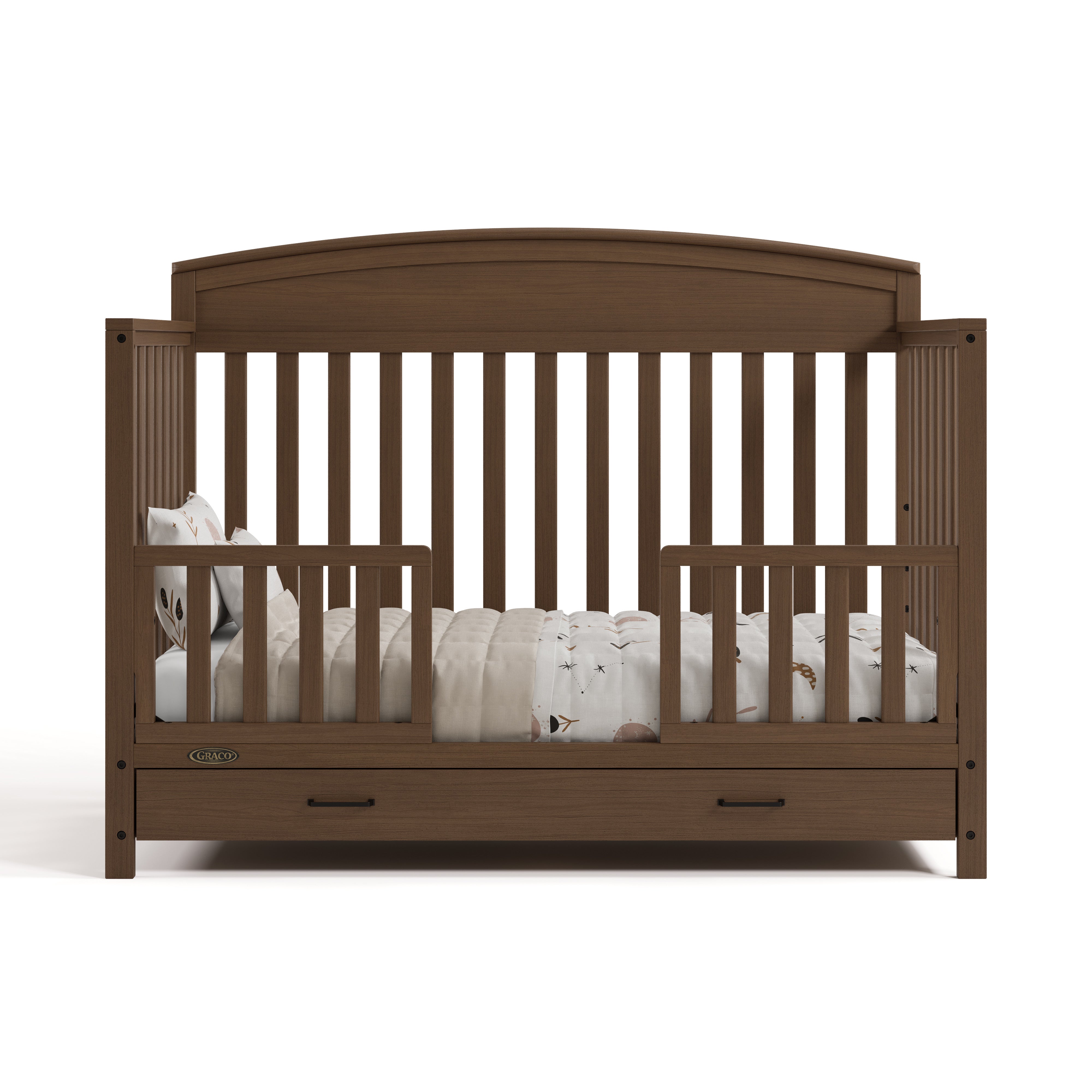 Benton hazelnut crib with drawer converted to toddler bed