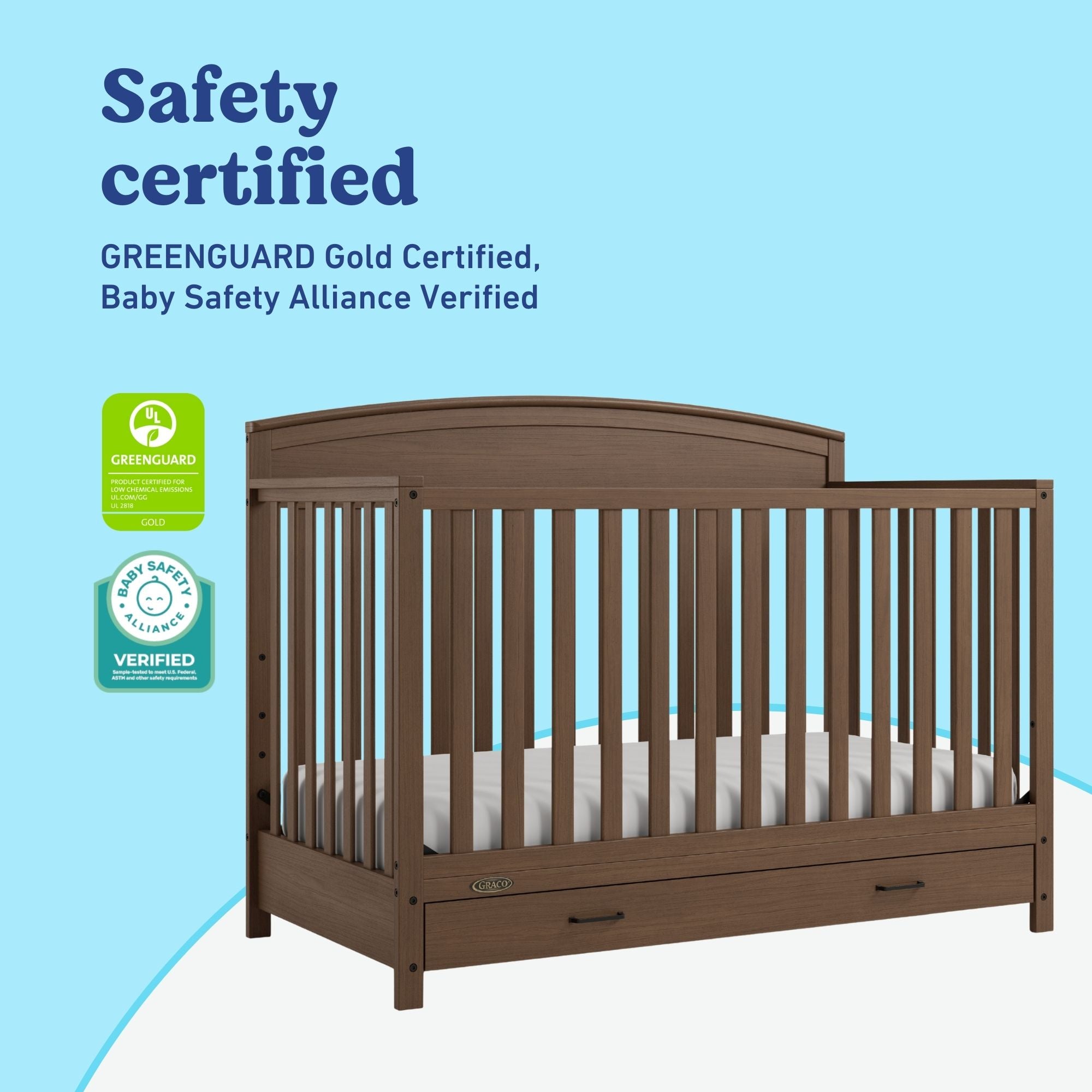 Benton hazelnut crib with drawer certifications callout