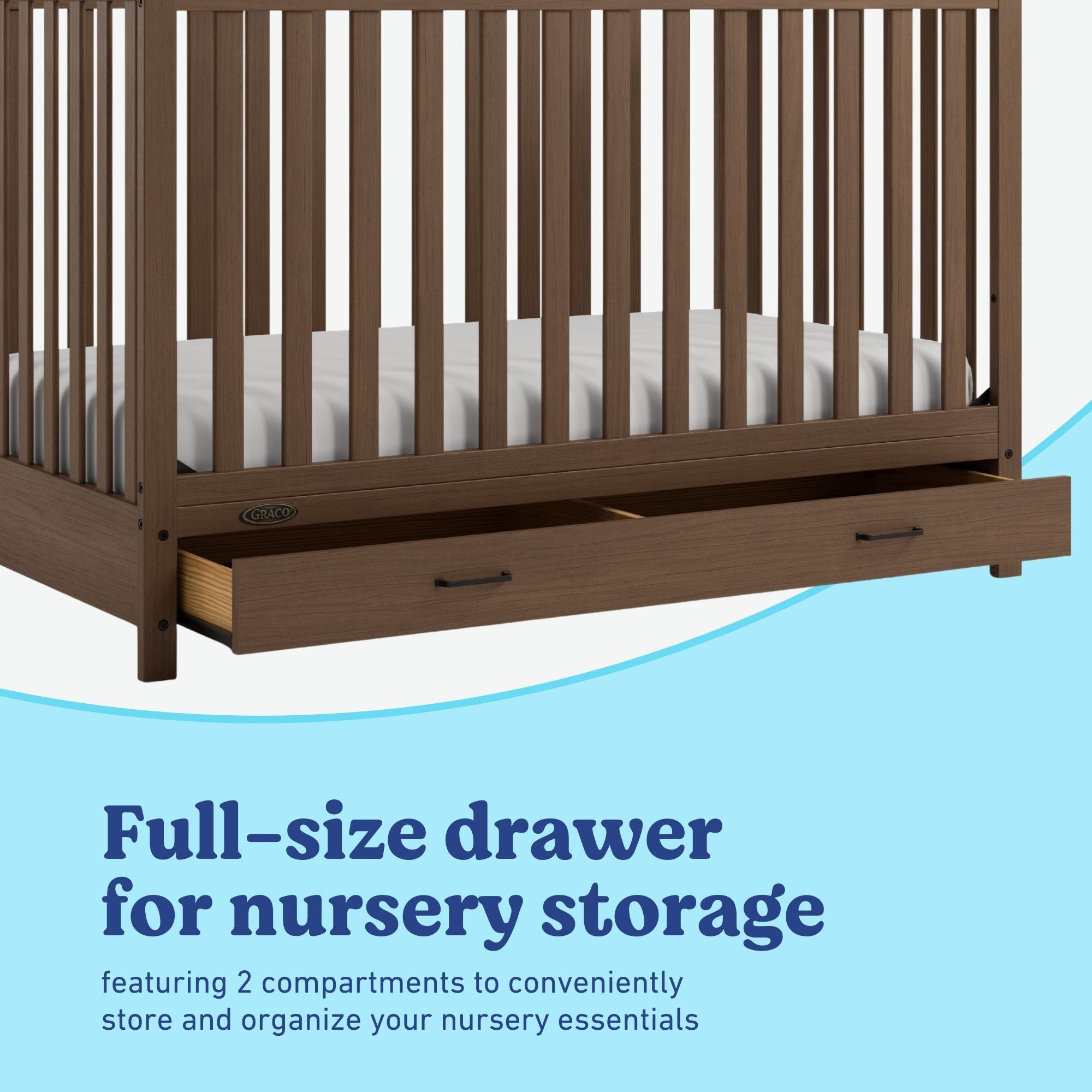 Benton hazelnut crib with drawer full-size storage drawer callout